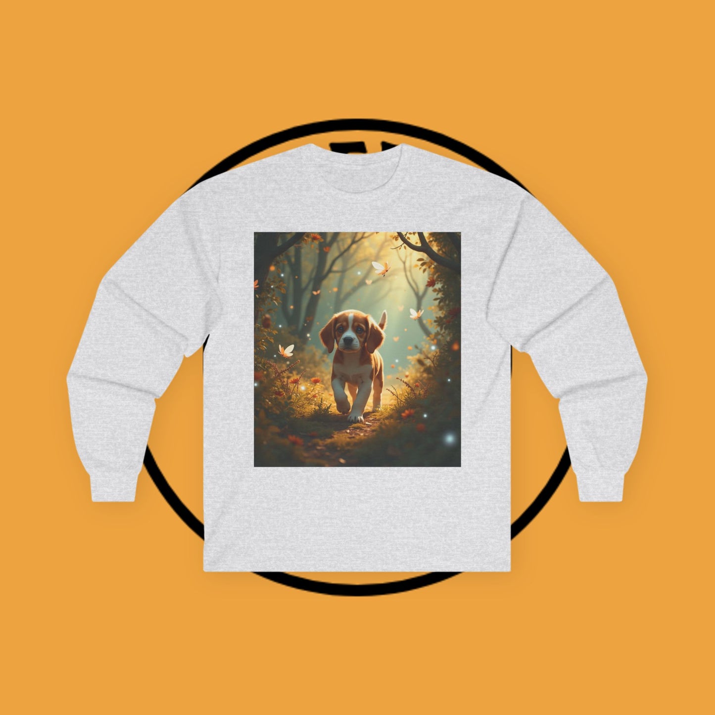 Magical Forest Beagle Puppy with Autumn Leaves and Butterflies Long Sleeve Tee