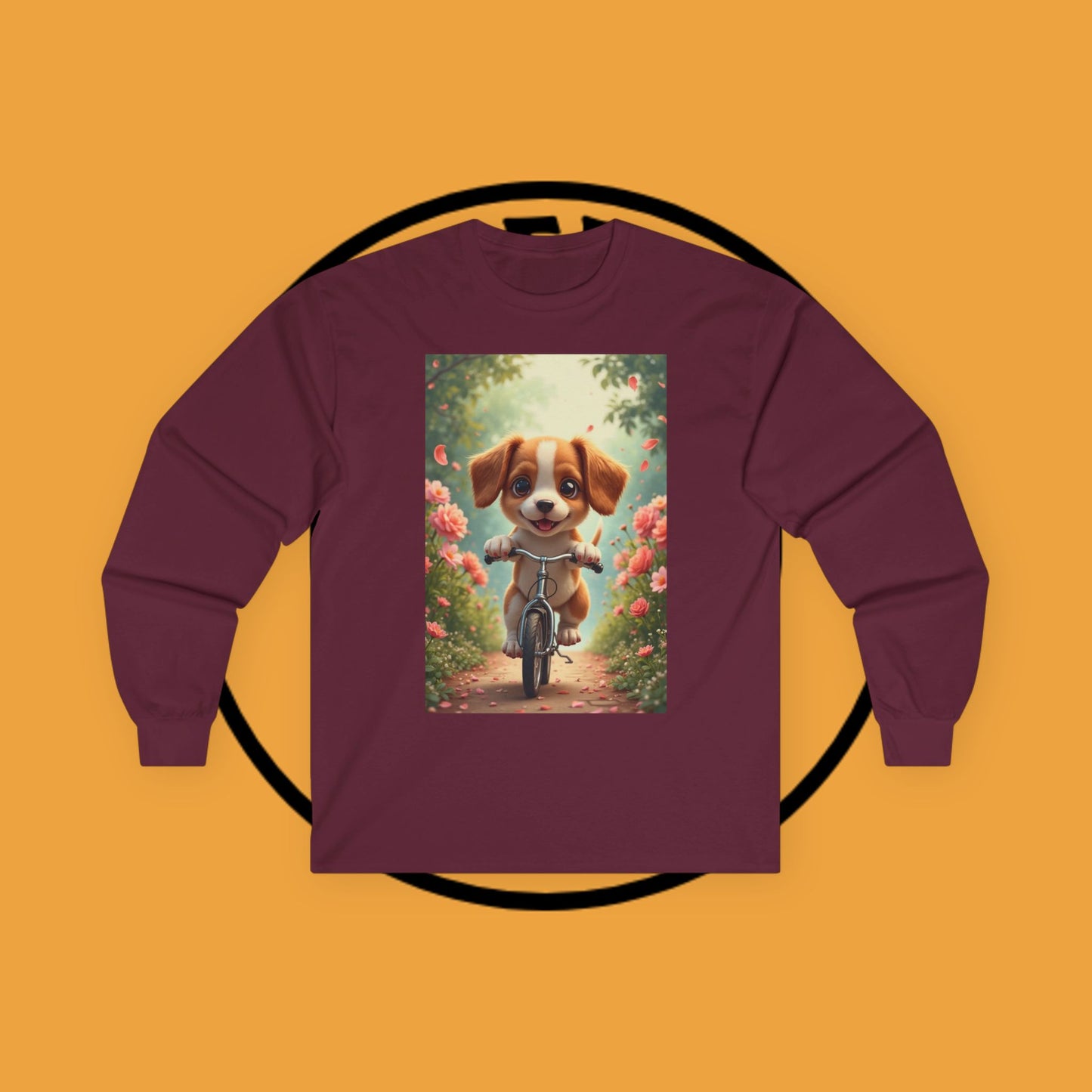 Happy Puppy Riding Bike Spring Flowers Long Sleeve Tee Gift