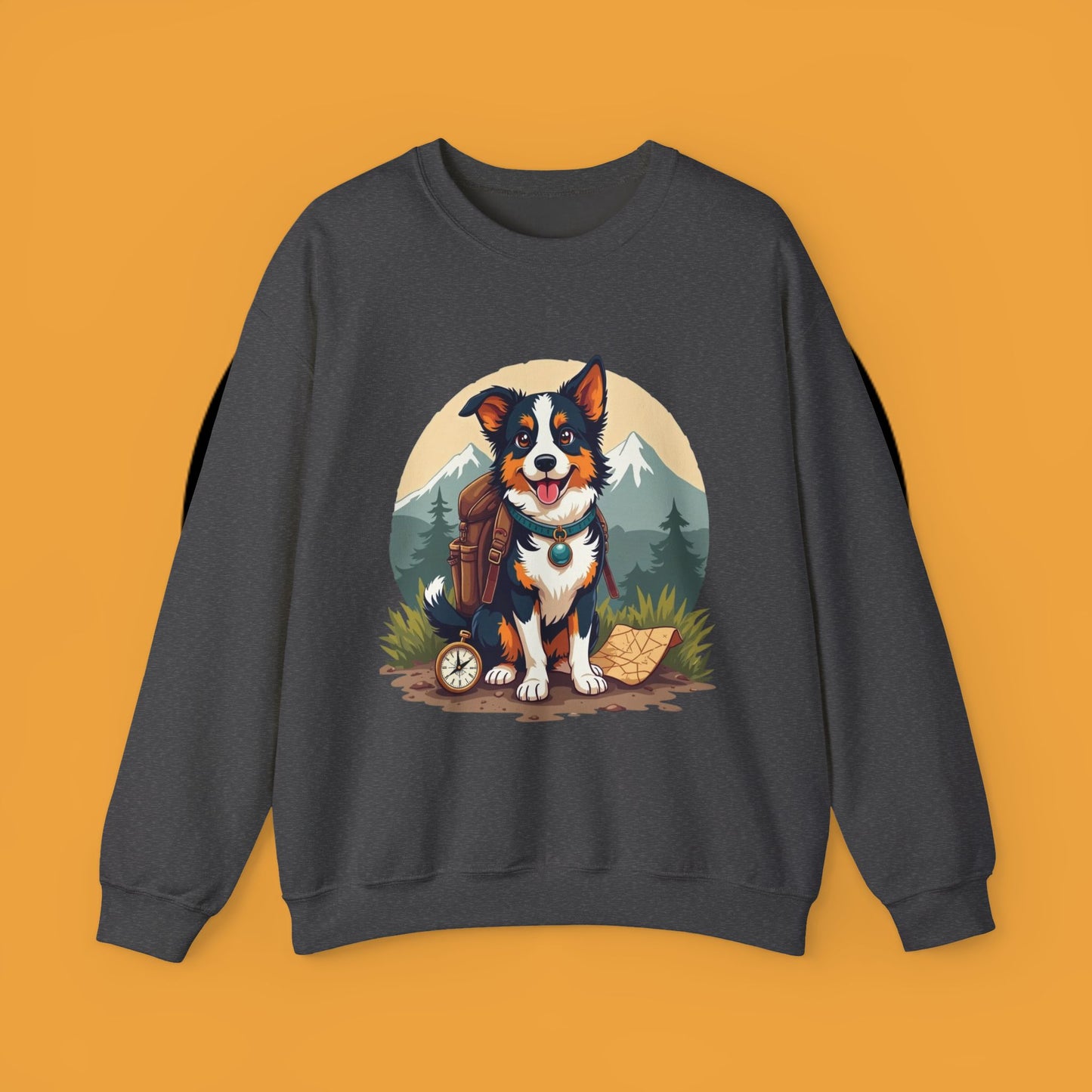 Adventure Dog Hiking Crewneck Sweatshirt - Mountain Explorer Border Collie Design | Outdoor Lover Gift