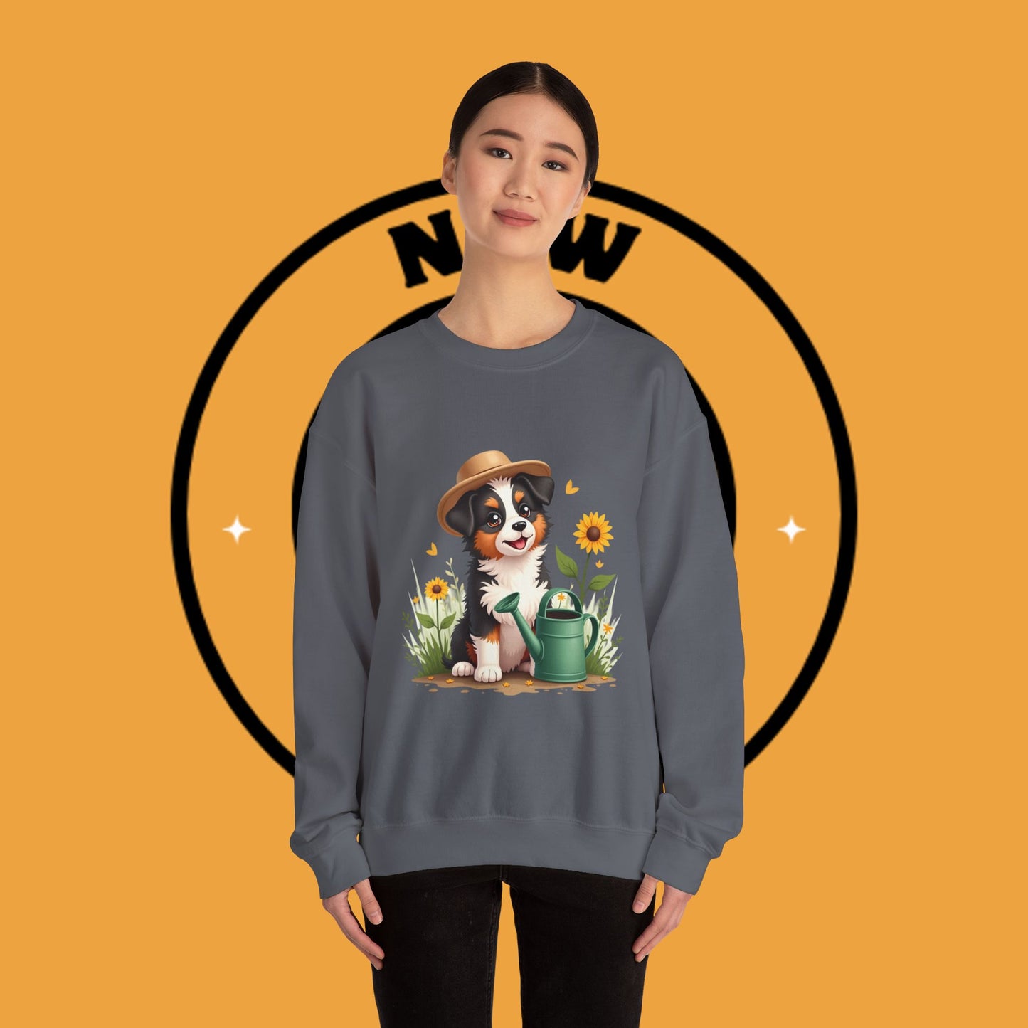 Garden Dog Crewneck Sweatshirt - Cute Puppy Gardener with Sunflowers Design | Green Thumb Gift