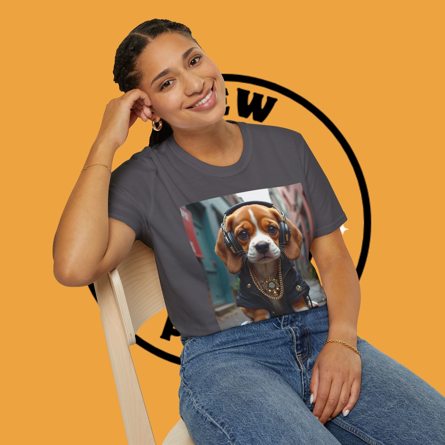 Hip Hop Beagle Dog T-Shirt - Cool Puppy with Headphones & Gold Chains Graphic Tee
