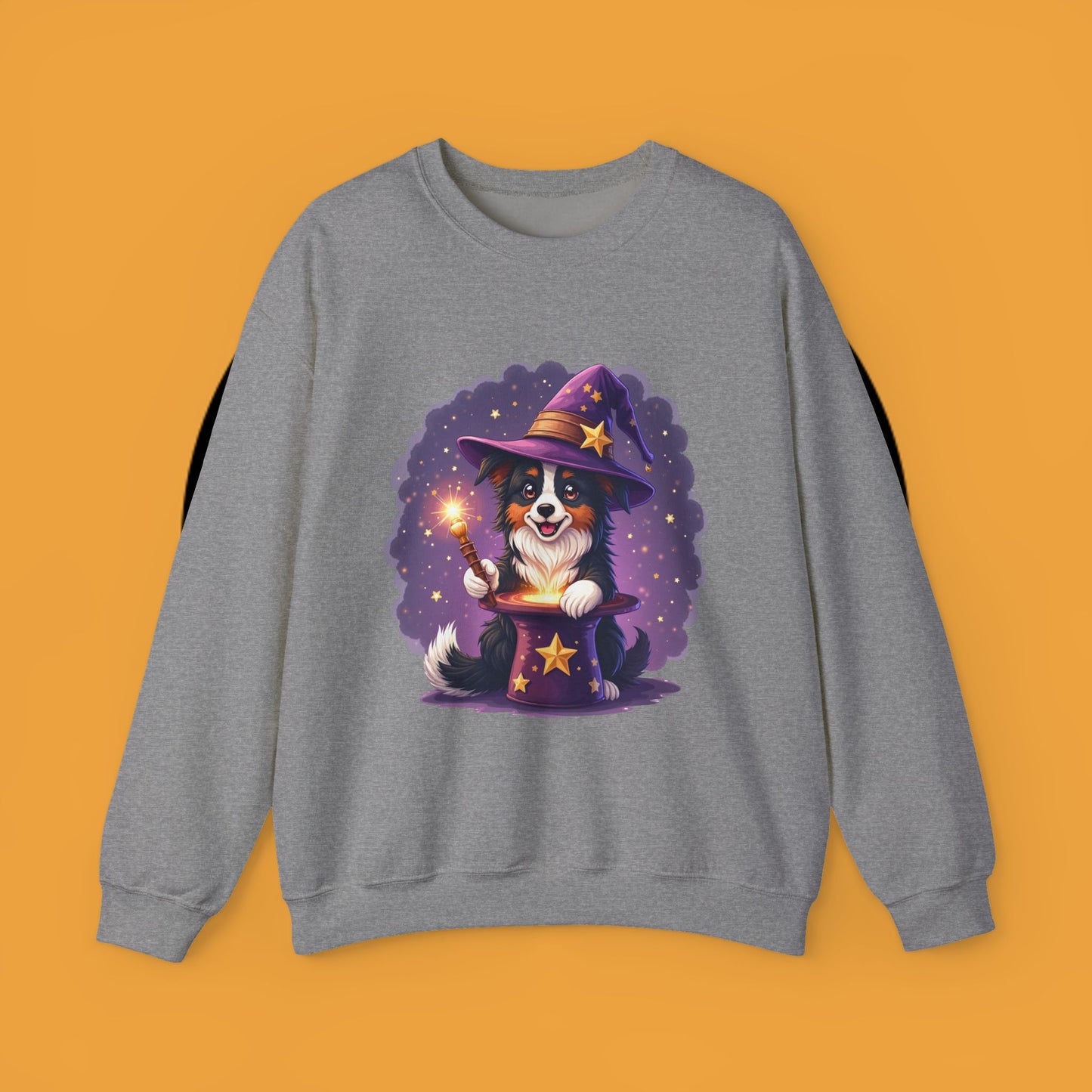 Magical Wizard Dog Crewneck Sweatshirt - Adorable Puppy Magician with Hat & Wand | Fantasy Pet Lover Gift Tee