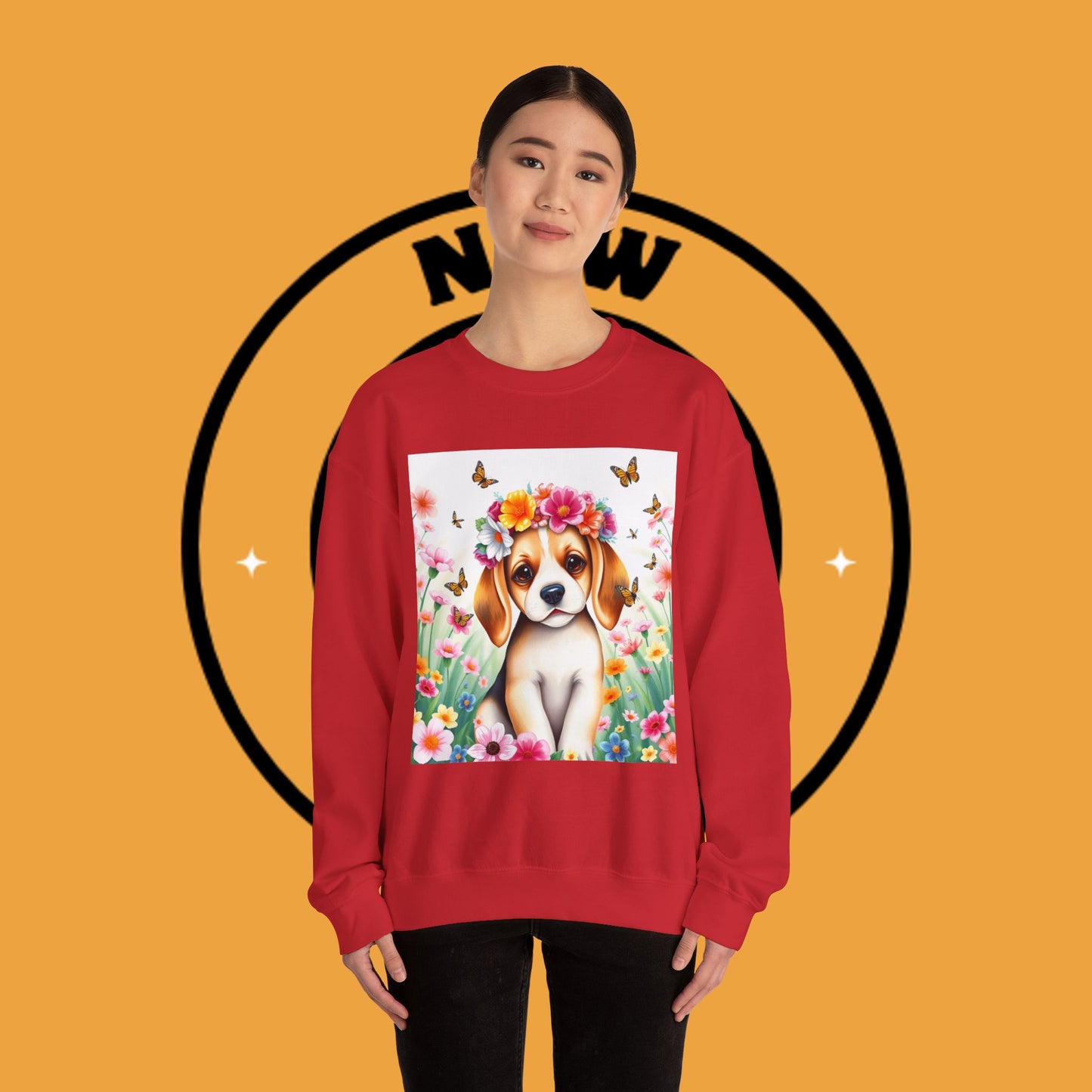 Flower Wreath Dog Crewneck Sweatshirt - Spring Beagle Design with Butterflies
