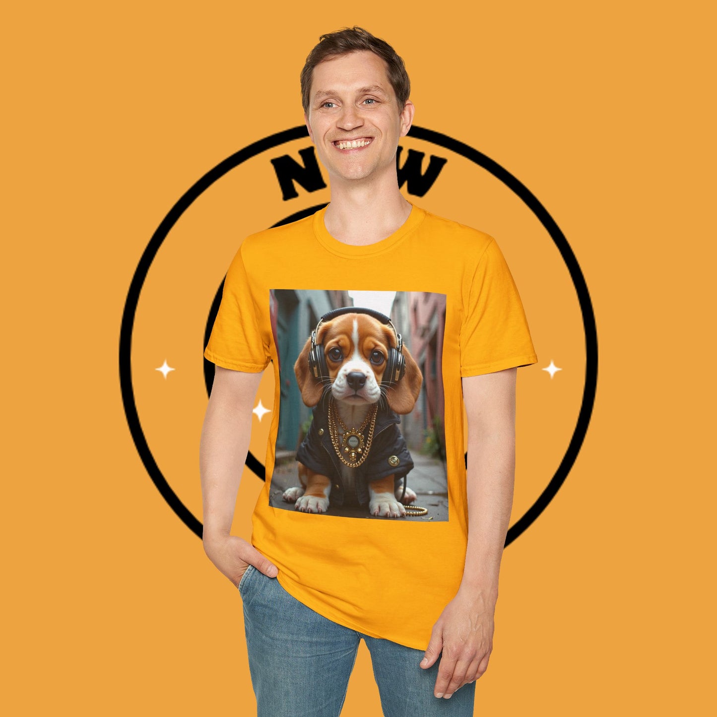 Hip Hop Beagle Dog T-Shirt - Cool Puppy with Headphones & Gold Chains Graphic Tee
