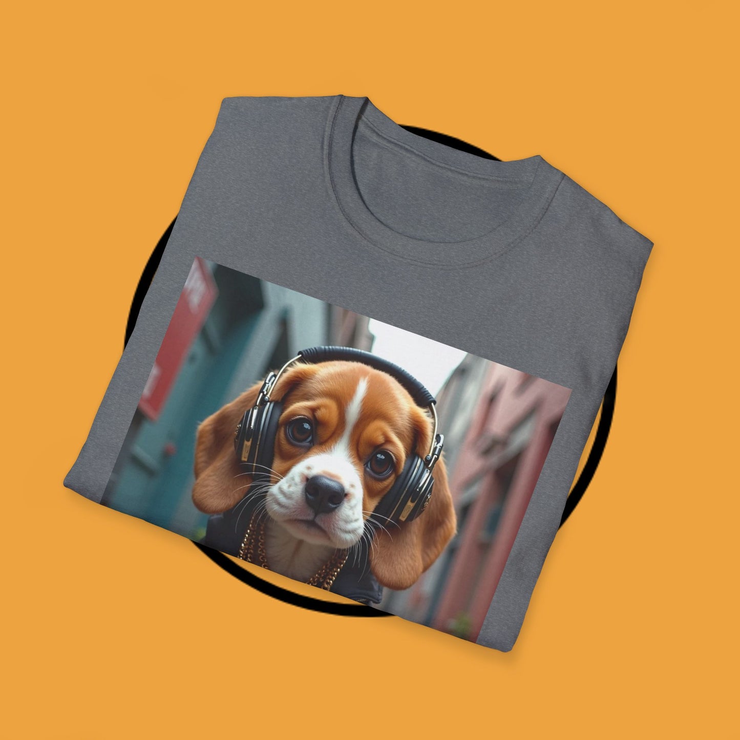 Hip Hop Beagle Dog T-Shirt - Cool Puppy with Headphones & Gold Chains Graphic Tee