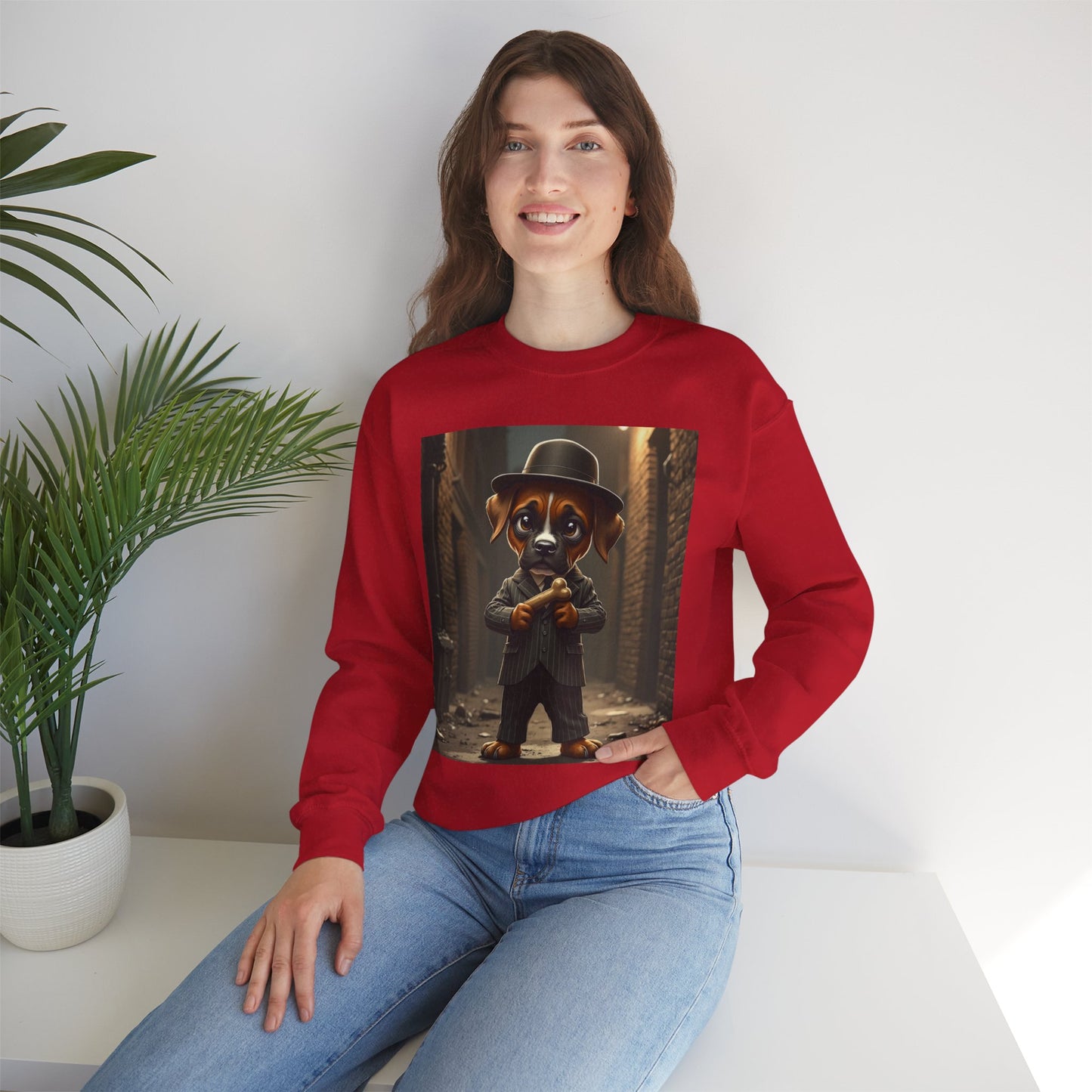 Gangster Puppy Fedora Crewneck Sweatshirt - Vintage Dog Boss Design - Retro Pet Lover Style