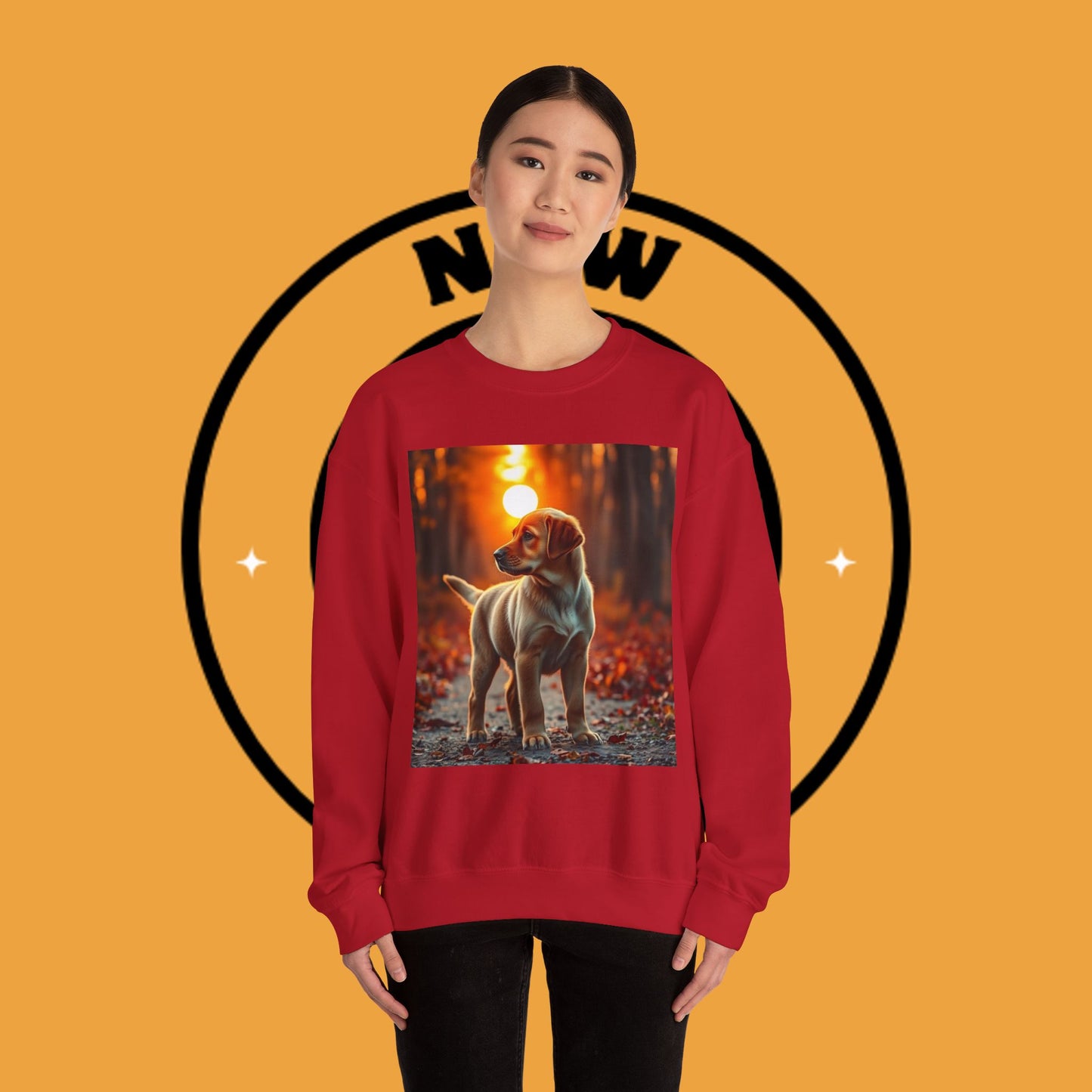 Crewneck Sweatshirt - Labrador Puppy in Autumn Forest with Golden Sunset Light Design