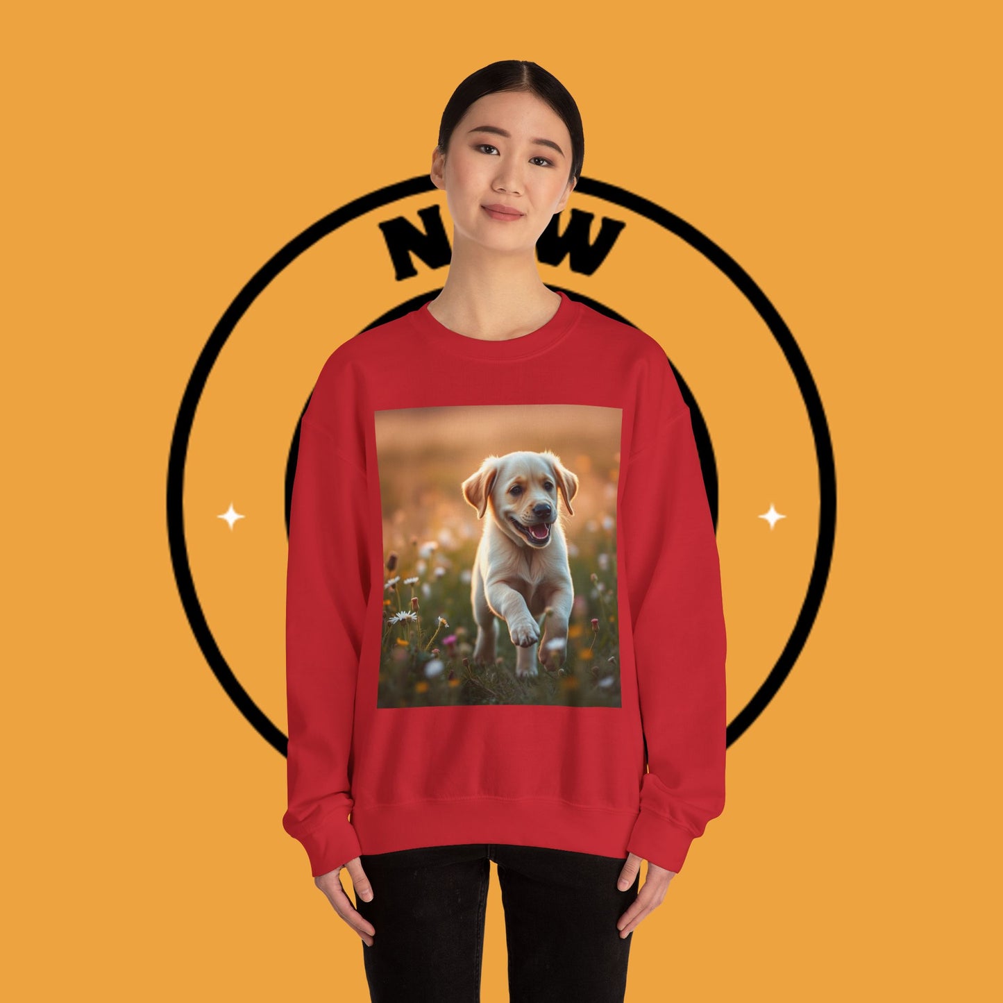 Unisex Dog Lover Crewneck Sweatshirt - Playful Labrador Puppy Running Through Wildflower Meadow
