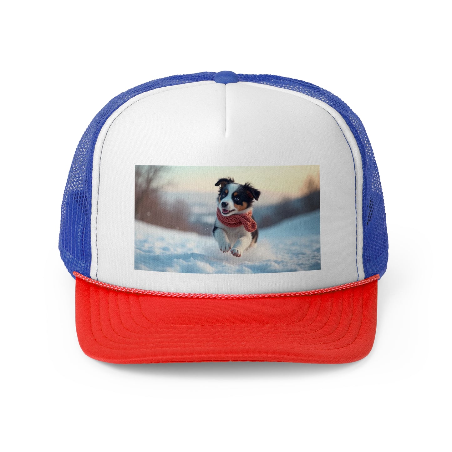 Winter Puppy Trucker Hat - Cozy Dog in Snow Cap - Adorable Scarf Puppy Baseball Hat