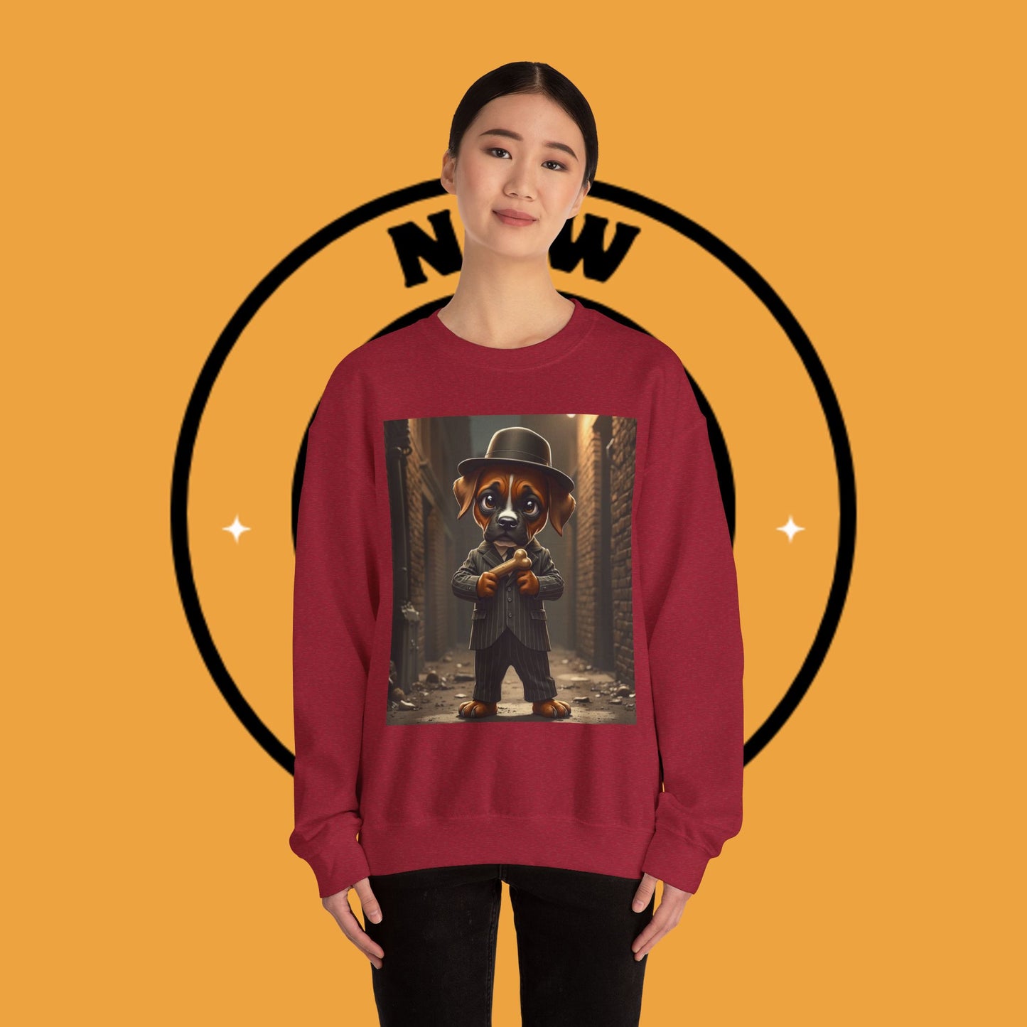 Gangster Puppy Fedora Crewneck Sweatshirt - Vintage Dog Boss Design - Retro Pet Lover Style