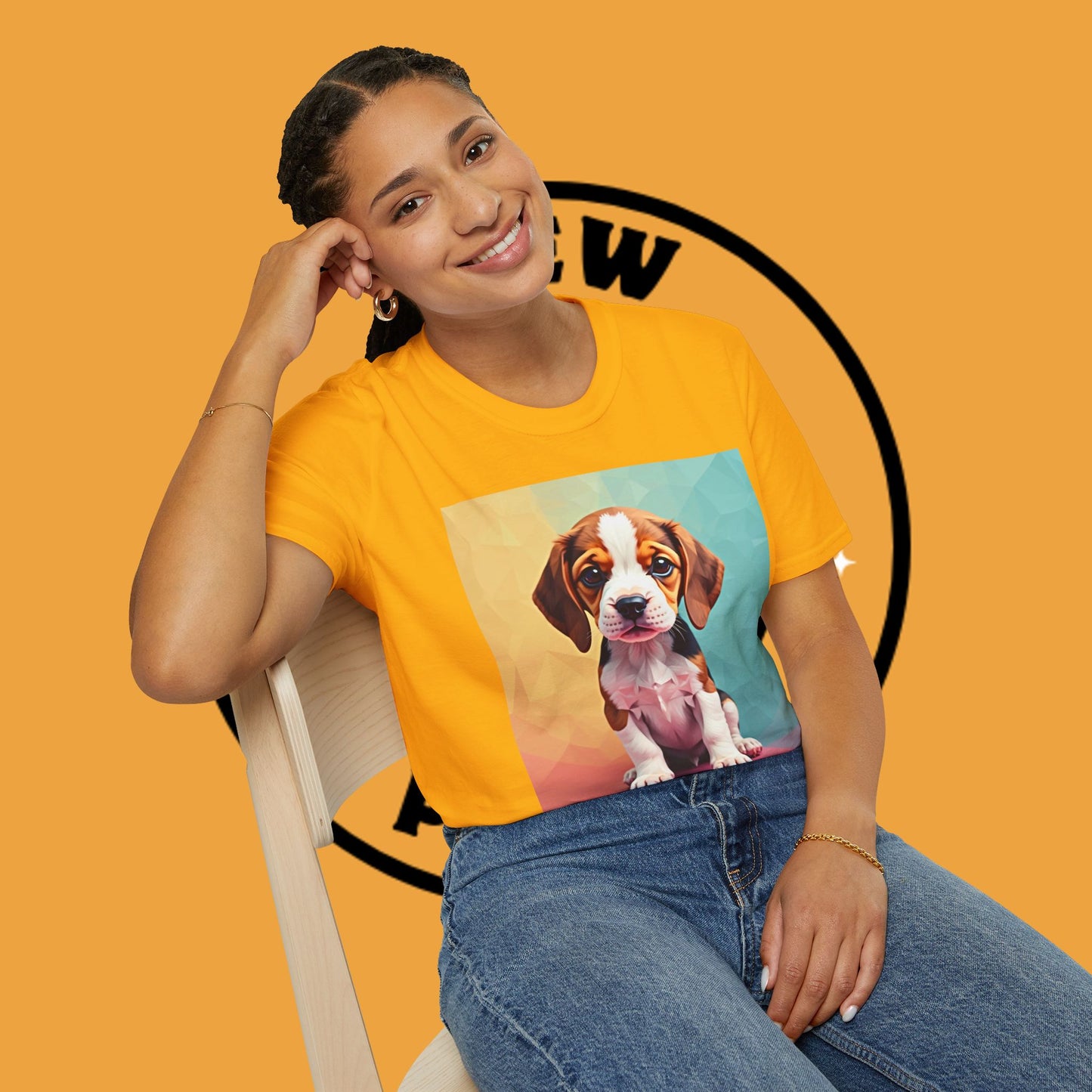 Modern Art Beagle Puppy T-Shirt - Geometric Low Poly Dog Design with Rainbow Background