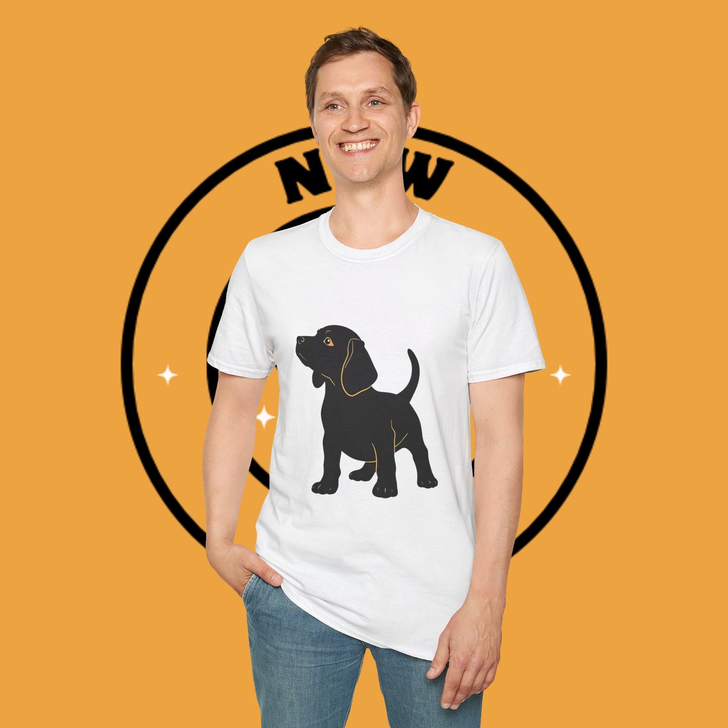 Minimalist Black Beagle Puppy T-Shirt - Simple Dog Silhouette Design | Modern Pet Lover Tee with Gold Accents