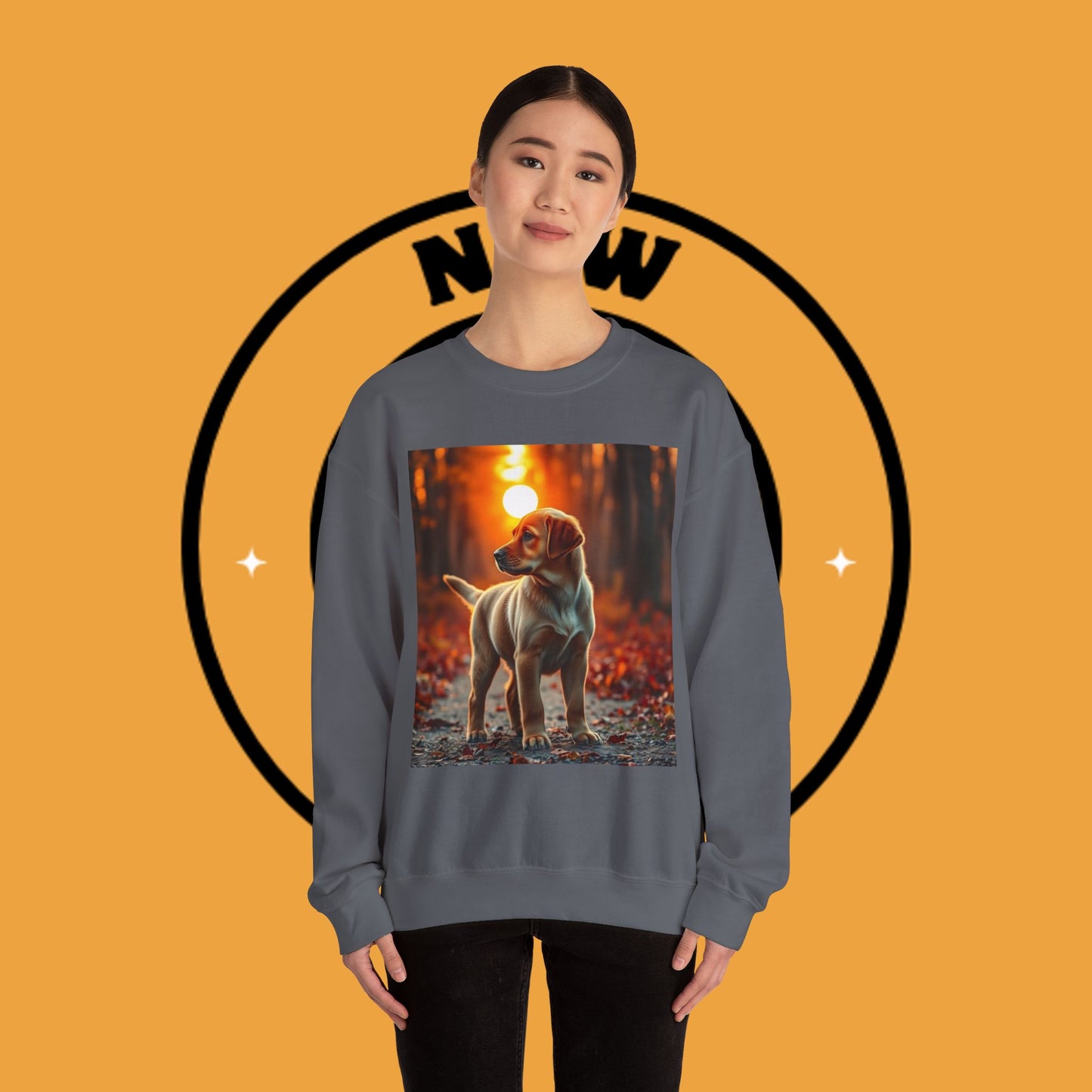 Crewneck Sweatshirt - Labrador Puppy in Autumn Forest with Golden Sunset Light Design