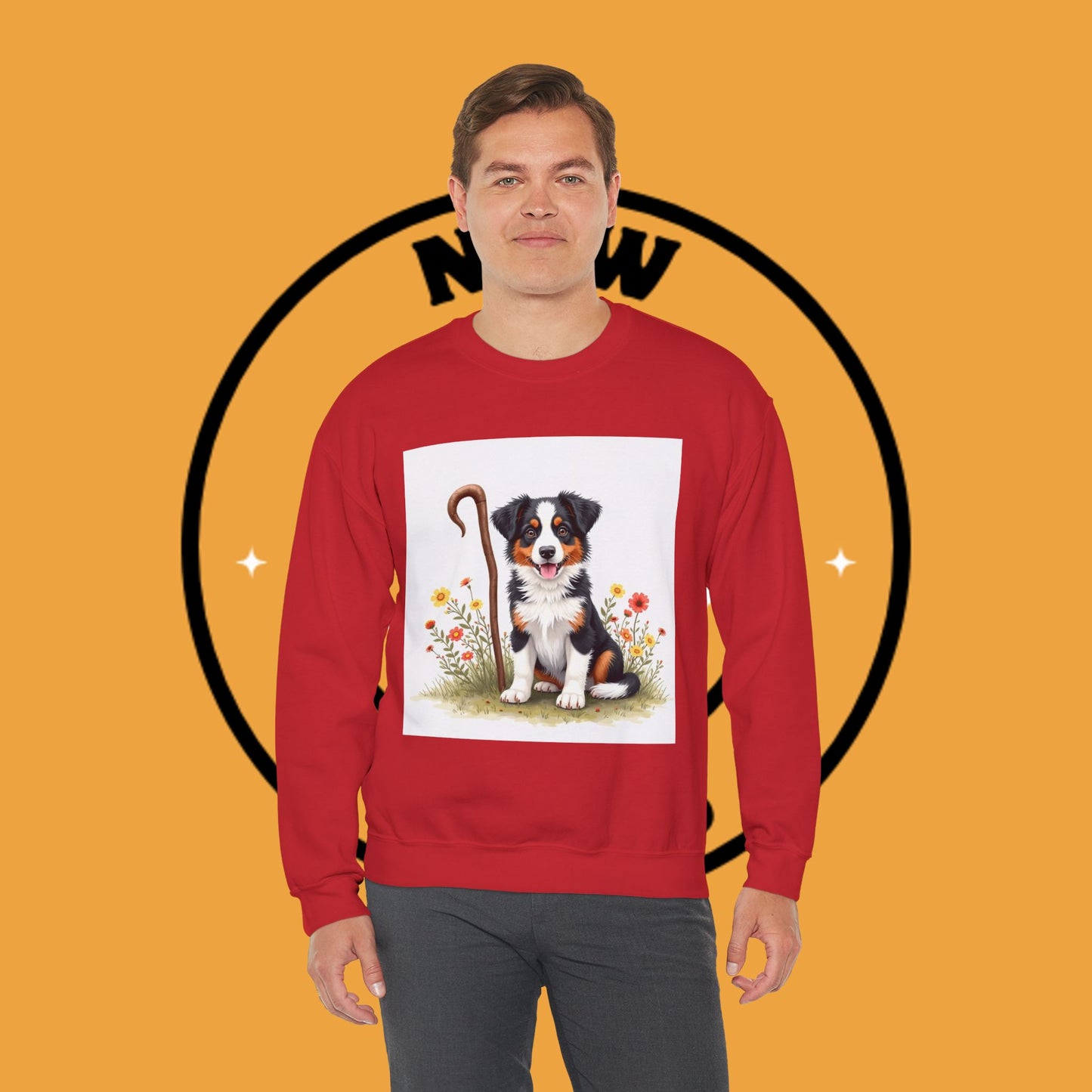 Border Collie Puppy Shepherd's Crook Crewneck Sweatshirt - Pastoral Dog Art | Farm Life Gift