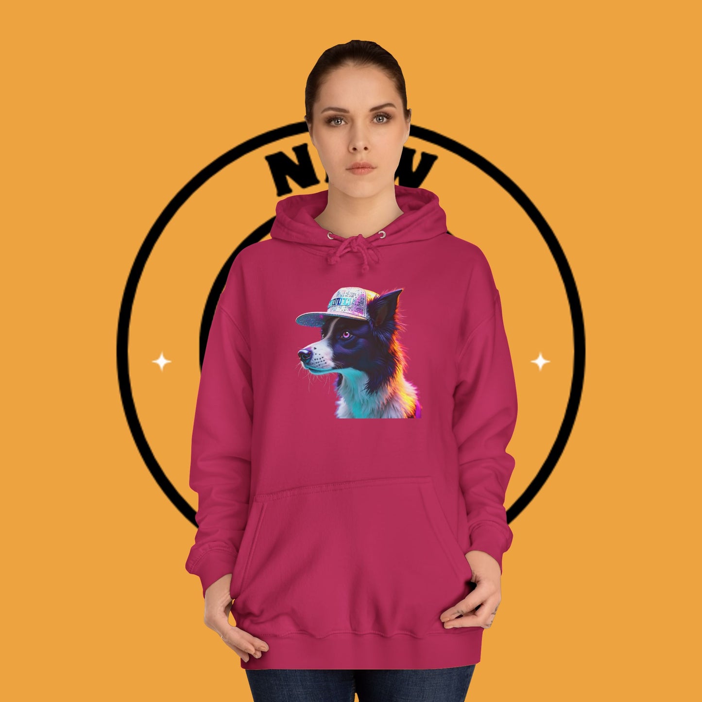 "Neon Rainbow Dog Hoodie - Vibrant Border Collie Street Art Design | Unisex Premium Streetwear"