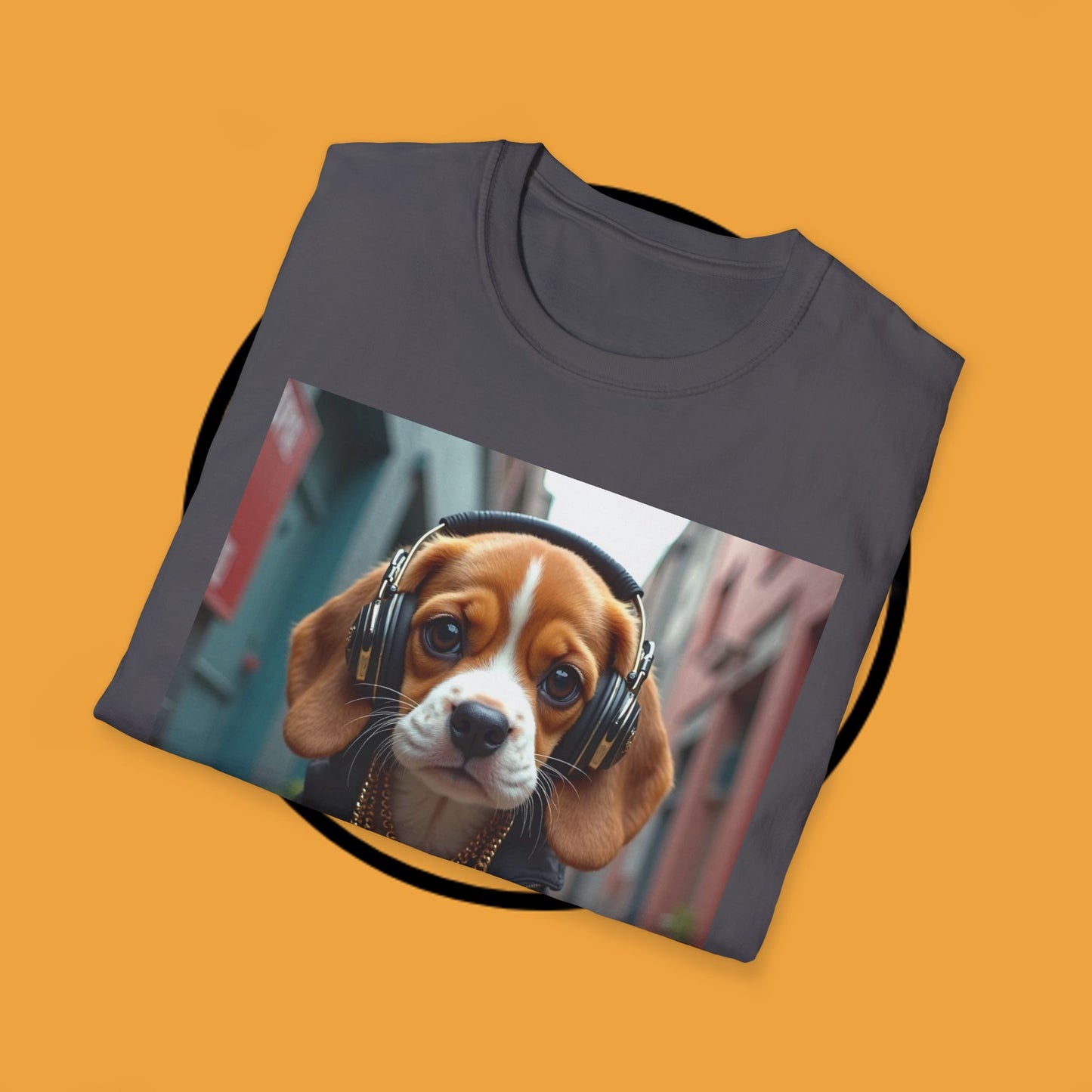 Hip Hop Beagle Dog T-Shirt - Cool Puppy with Headphones & Gold Chains Graphic Tee