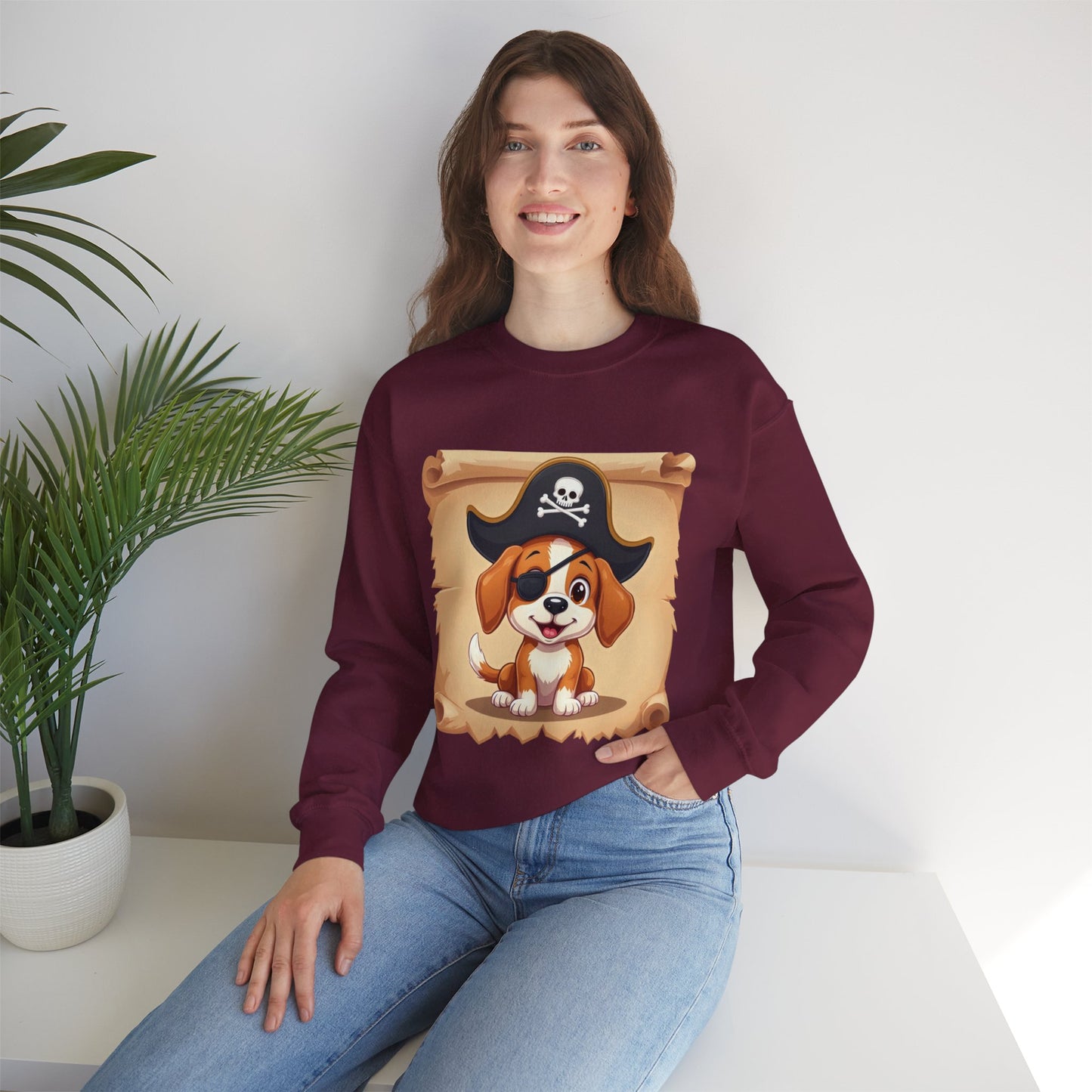 Pirate Dog Crewneck Sweatshirt - Buccaneer Beagle Design with Patch and Hat