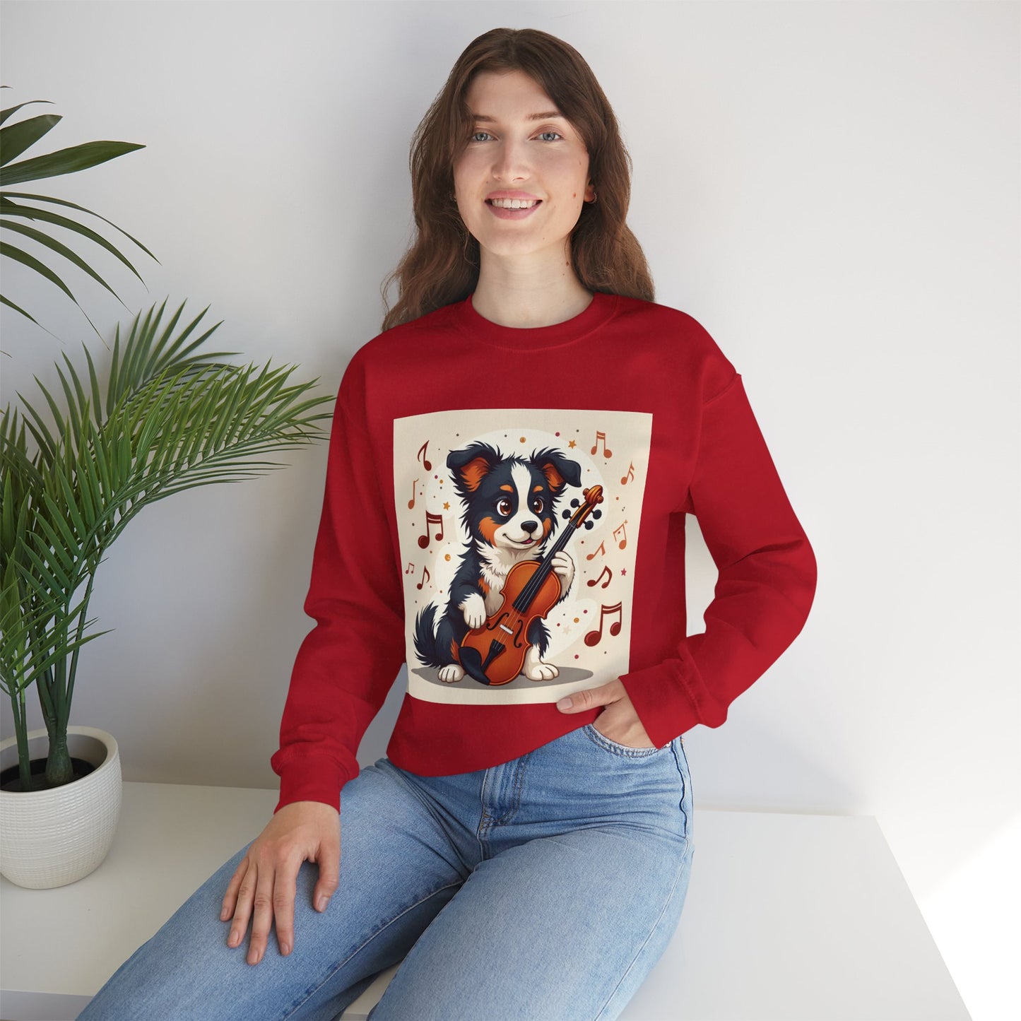 Music Dog Crewneck Sweatshirt - Cute Puppy Violinist with Musical Notes Design | Musician Gift