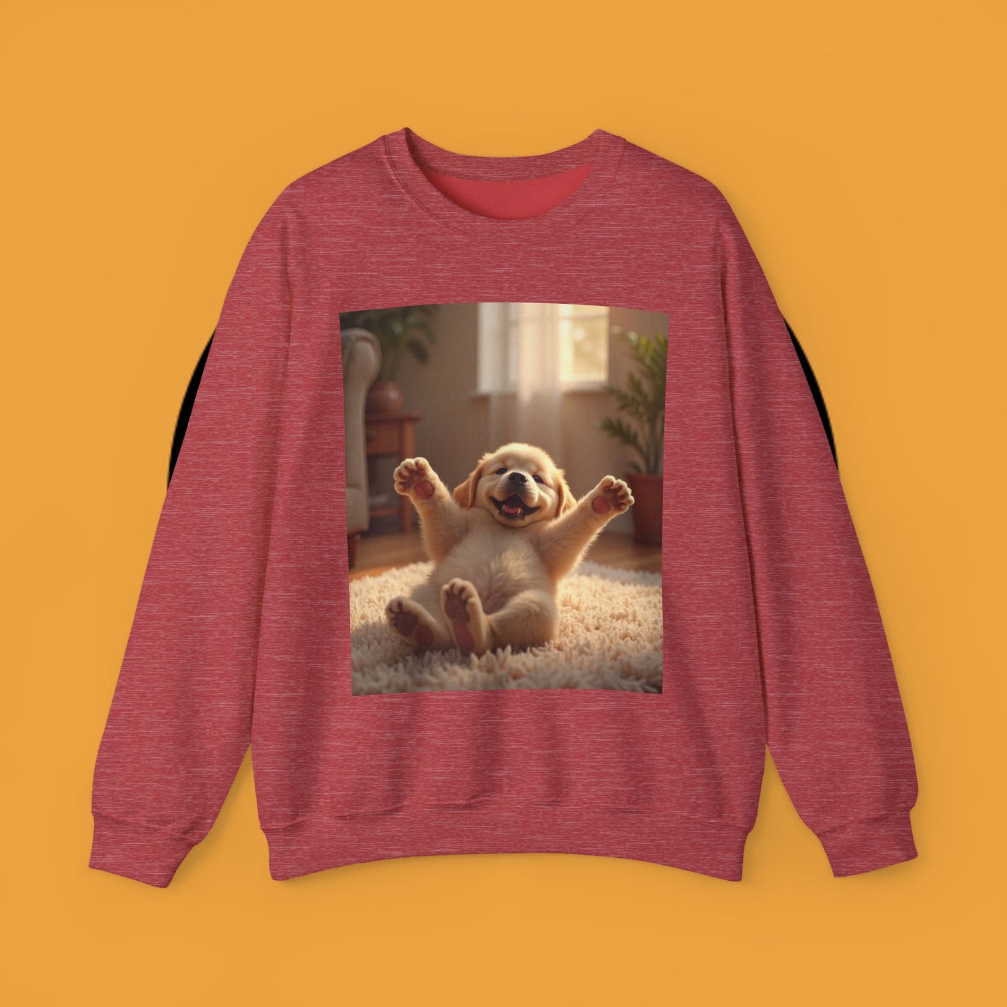 Unisex Dog Lover Crewneck Sweatshirt - Joyful Paws: Yellow Lab Puppy Stretching on Plush Carpet