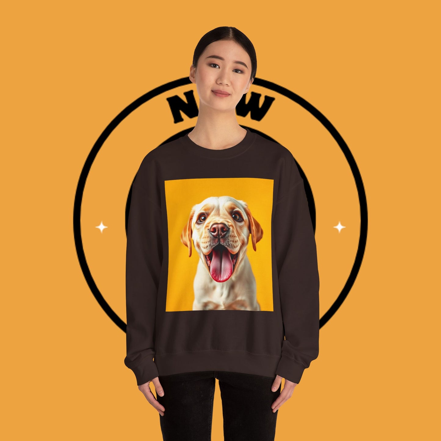 Unisex Dog Lover Crewneck Sweatshirt - Smiling Yellow Lab on vibrant yellow background