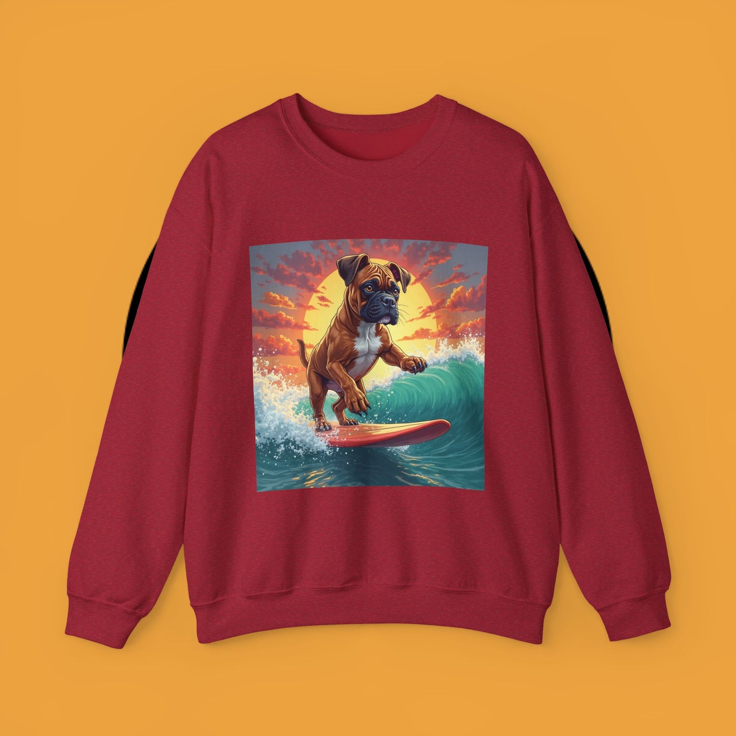 Surfing Boxer Dog Crewneck Sweatshirt | Funny Beach Surfer Gift | Epic Wave Riding Pup Design