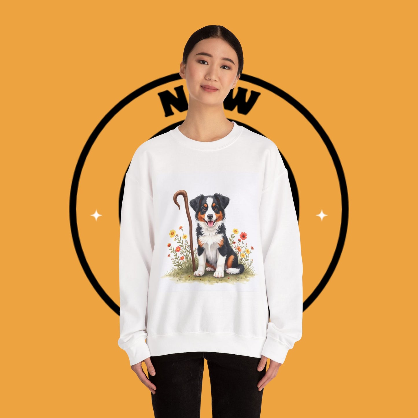 Border Collie Puppy Shepherd's Crook Crewneck Sweatshirt - Pastoral Dog Art | Farm Life Gift