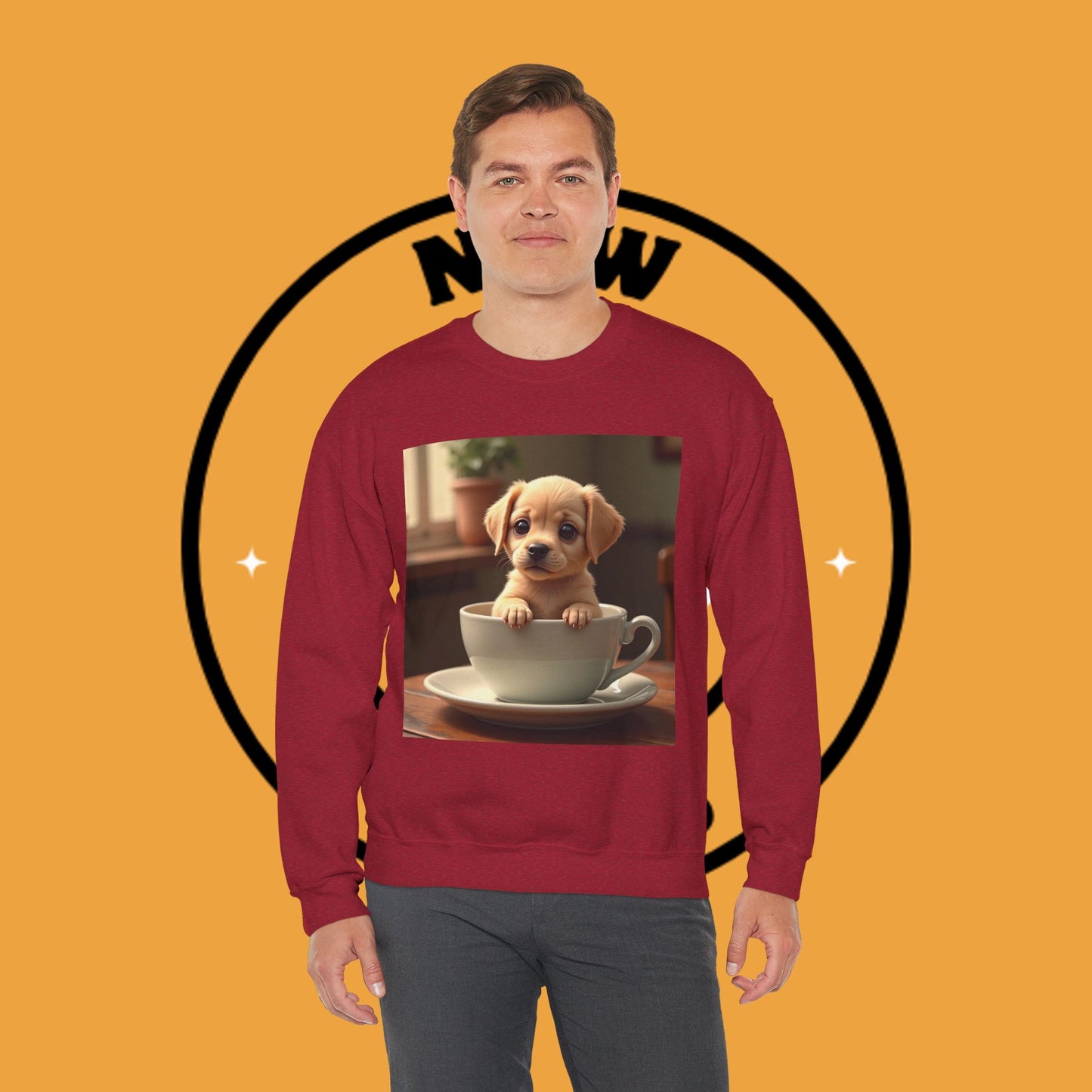 Unisex Dog Lover Crewneck Sweatshirt - Teacup Puppy: Adorable Yellow Lab in Coffee Cup