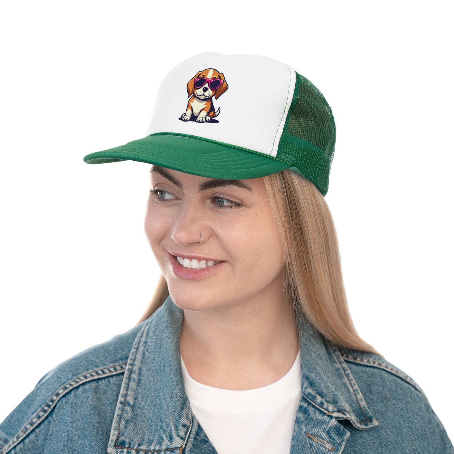 Cool Beagle Dog with Pink Sunglasses Trucker Hat | Adjustable Mesh Back Baseball Hat - Adorable Dog Lover Unisex Cap