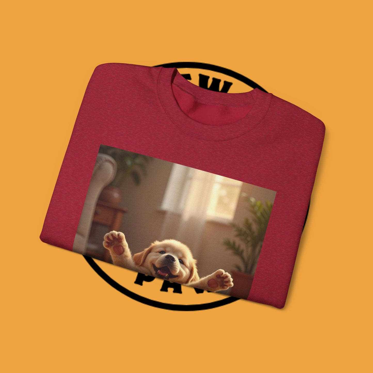 Unisex Dog Lover Crewneck Sweatshirt - Joyful Paws: Yellow Lab Puppy Stretching on Plush Carpet