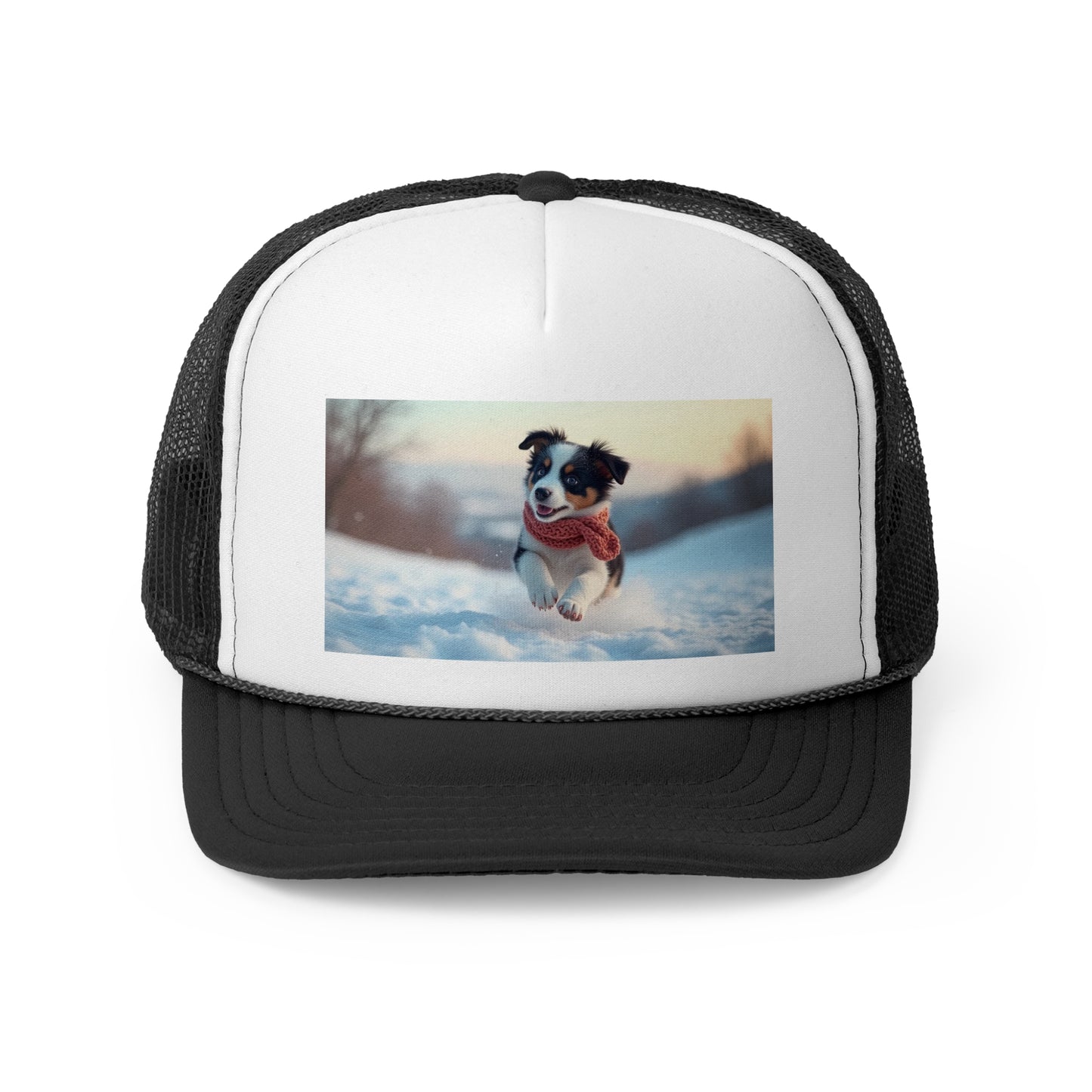Winter Puppy Trucker Hat - Cozy Dog in Snow Cap - Adorable Scarf Puppy Baseball Hat
