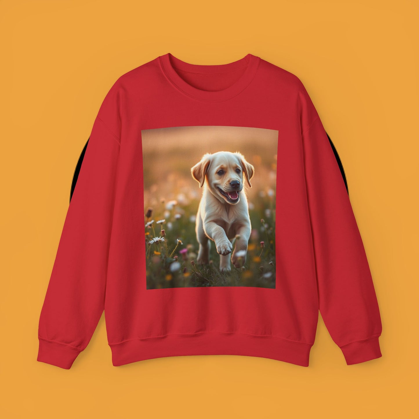 Unisex Dog Lover Crewneck Sweatshirt - Playful Labrador Puppy Running Through Wildflower Meadow