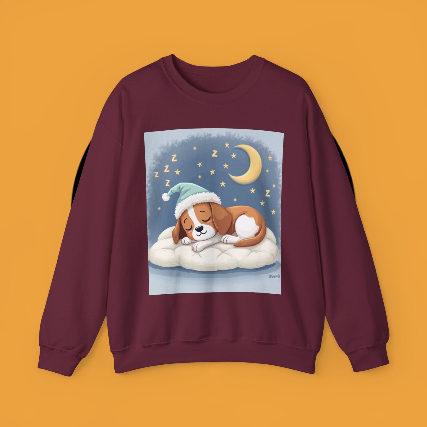 Sleeping Dog Crewneck Sweatshirt - Cute Beagle Design with Moon and Stars