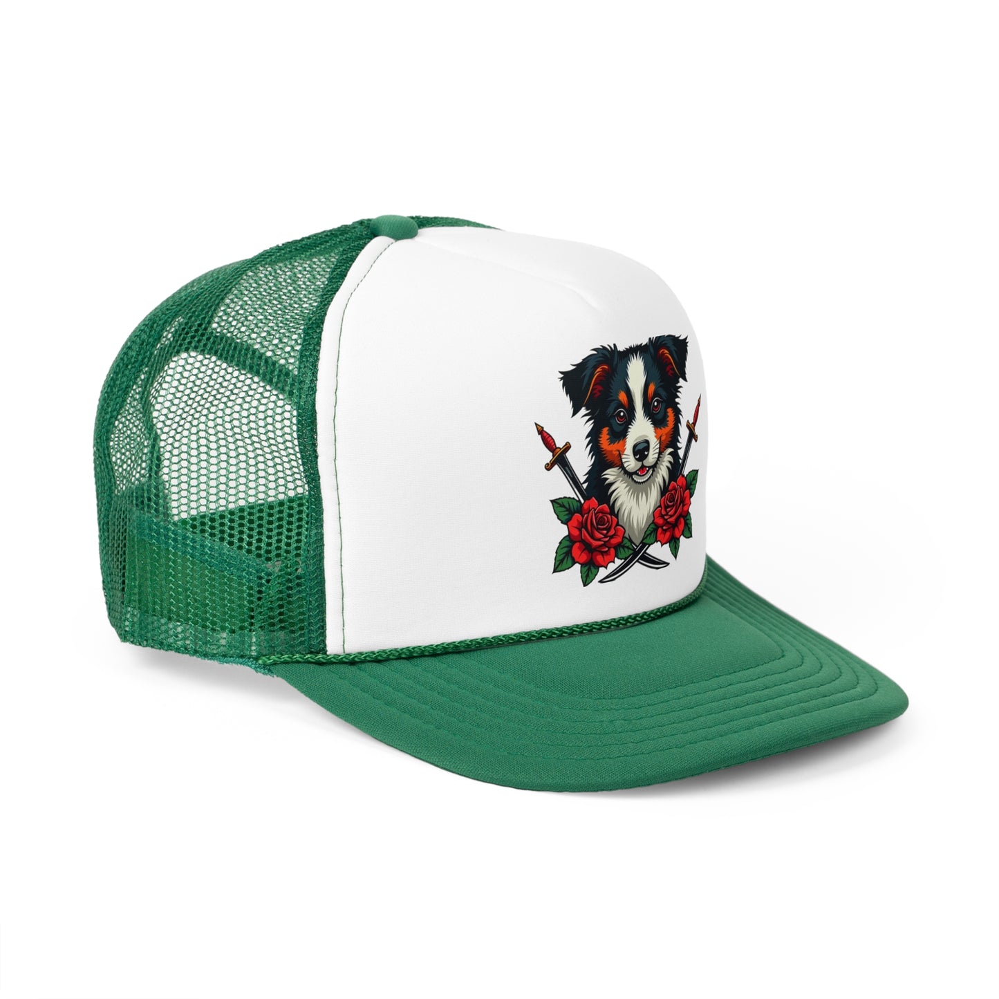 Fierce Border Collie Tattoo Style Trucker Hat - Vintage Dog Lover Cap with Roses & Daggers Design