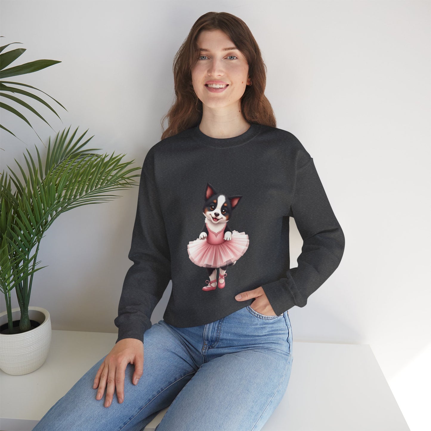 Cute Ballet Dog Crewneck Sweatshirt - Dancing Puppy in Pink Tutu Design | Kawaii Animal Lover Gift