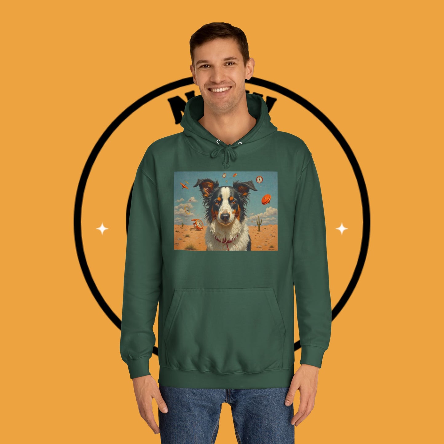 "Surreal Border Collie Time Desert Hoodie - Flying Clocks Artistic Dog Sweatshirt | Dreamlike Fantasy Design"