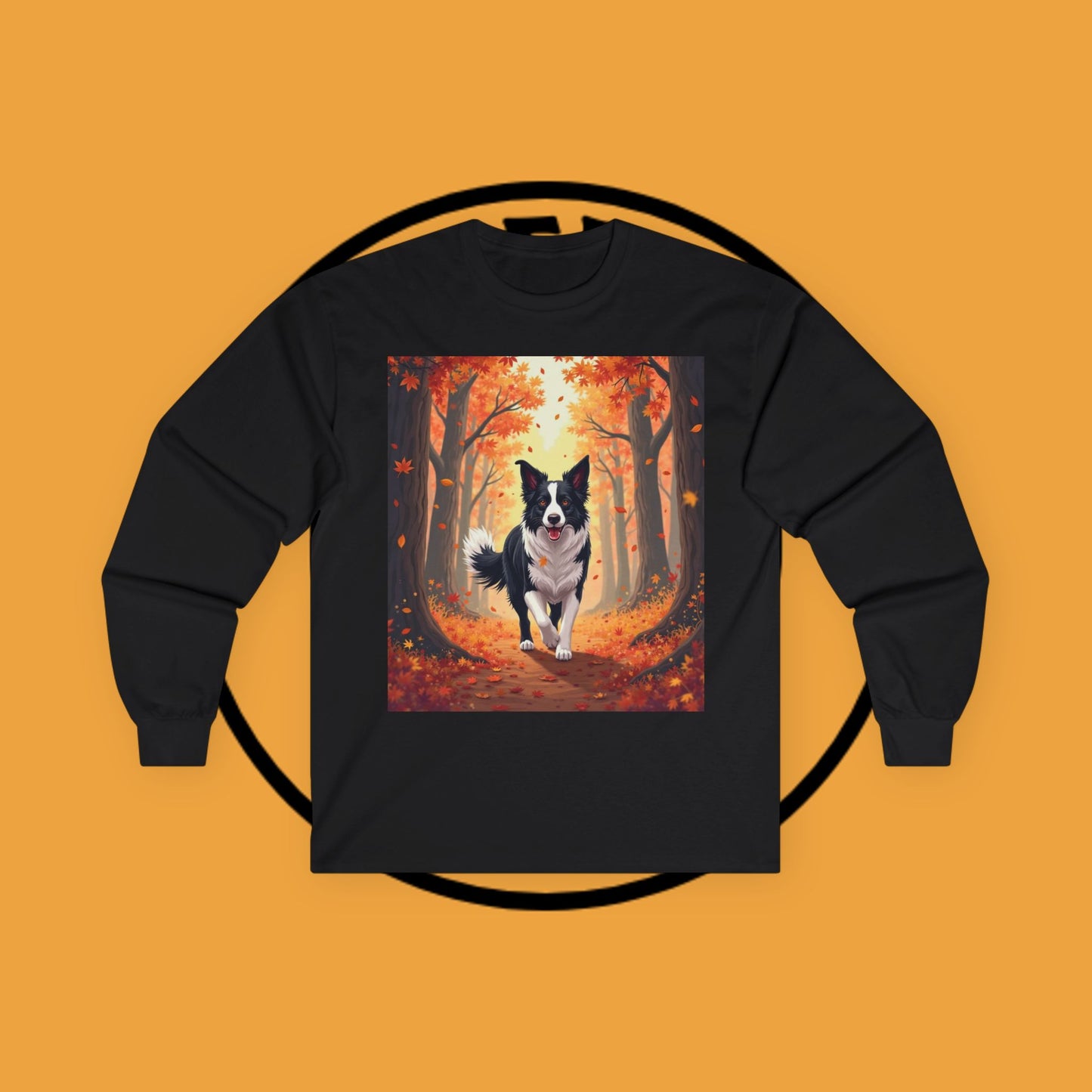 Autumn Border Collie Long Sleeve Tee - Fall Forest Dog Art Shirt | Seasonal Pet Apparel