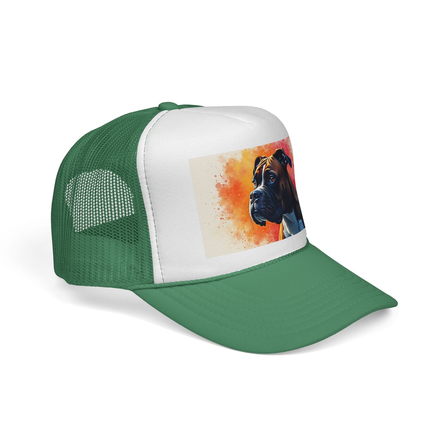 "Watercolor Sunset Boxer Dog Trucker Cap - Artistic Profile Design | Premium Snapback Hat | Fine Art Streetwear for Dog Lovers"