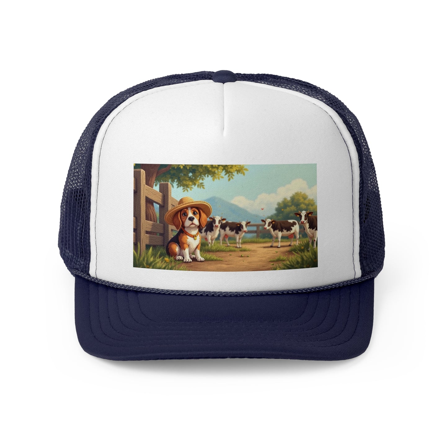 Farm Beagle with Straw Hat and Cows Trucker Hat - Country Dog Lover Cap - Adorable Dog Lover Unisex Cap
