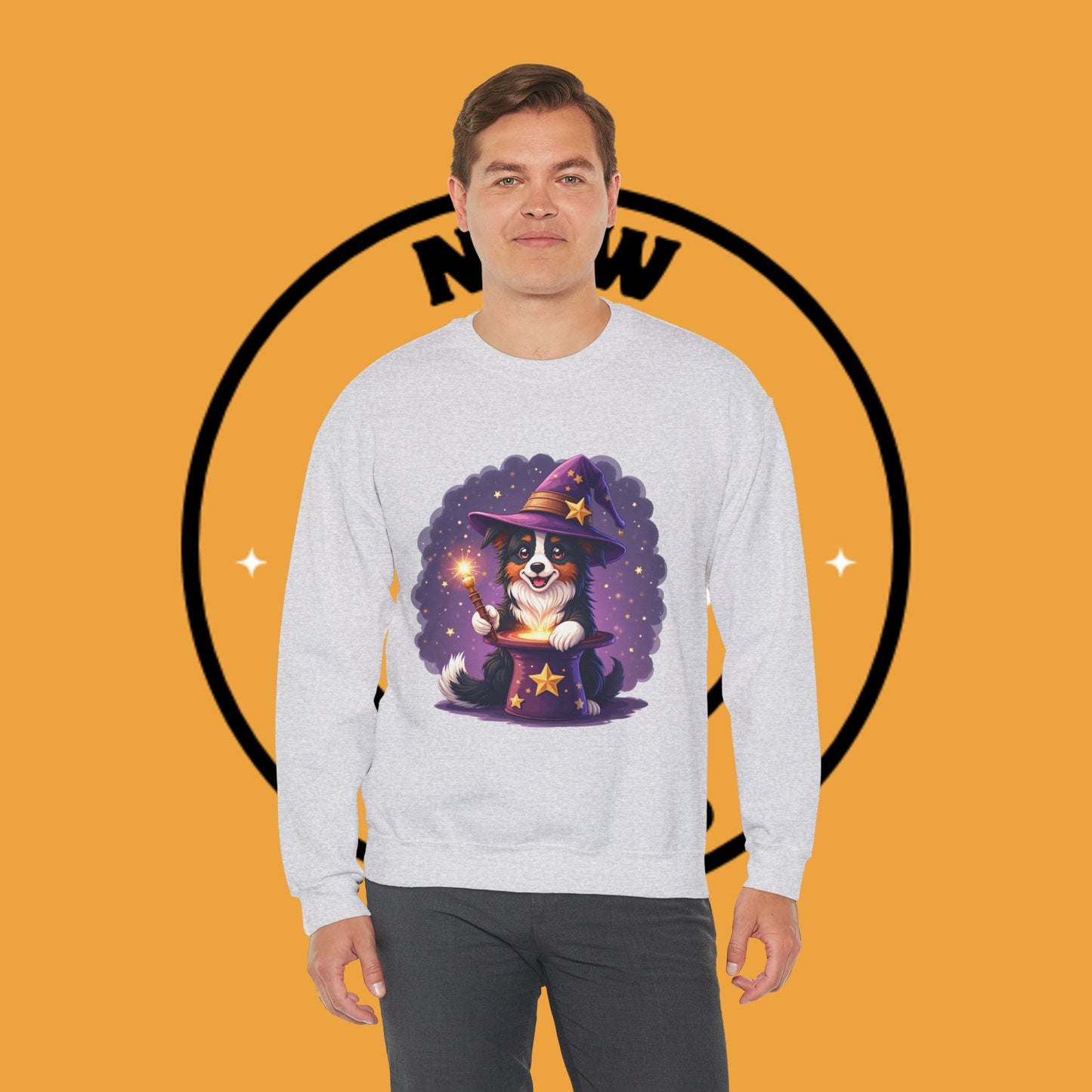 Magical Wizard Dog Crewneck Sweatshirt - Adorable Puppy Magician with Hat & Wand | Fantasy Pet Lover Gift Tee