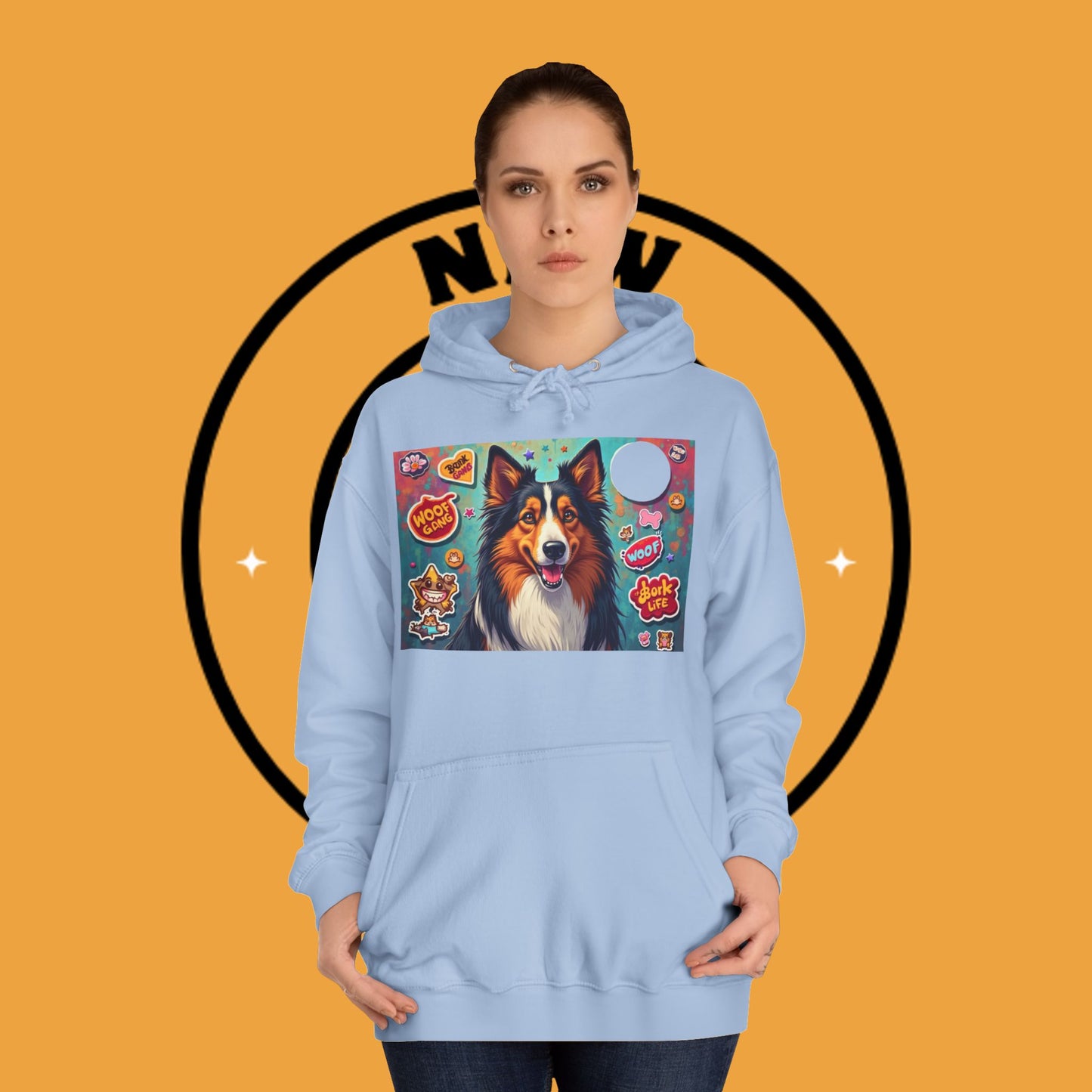 "Dog Sticker Pack Hoodie - Vibrant Collie with Fun Dog Patches Design | Millennial Pet Lover Streetwear"