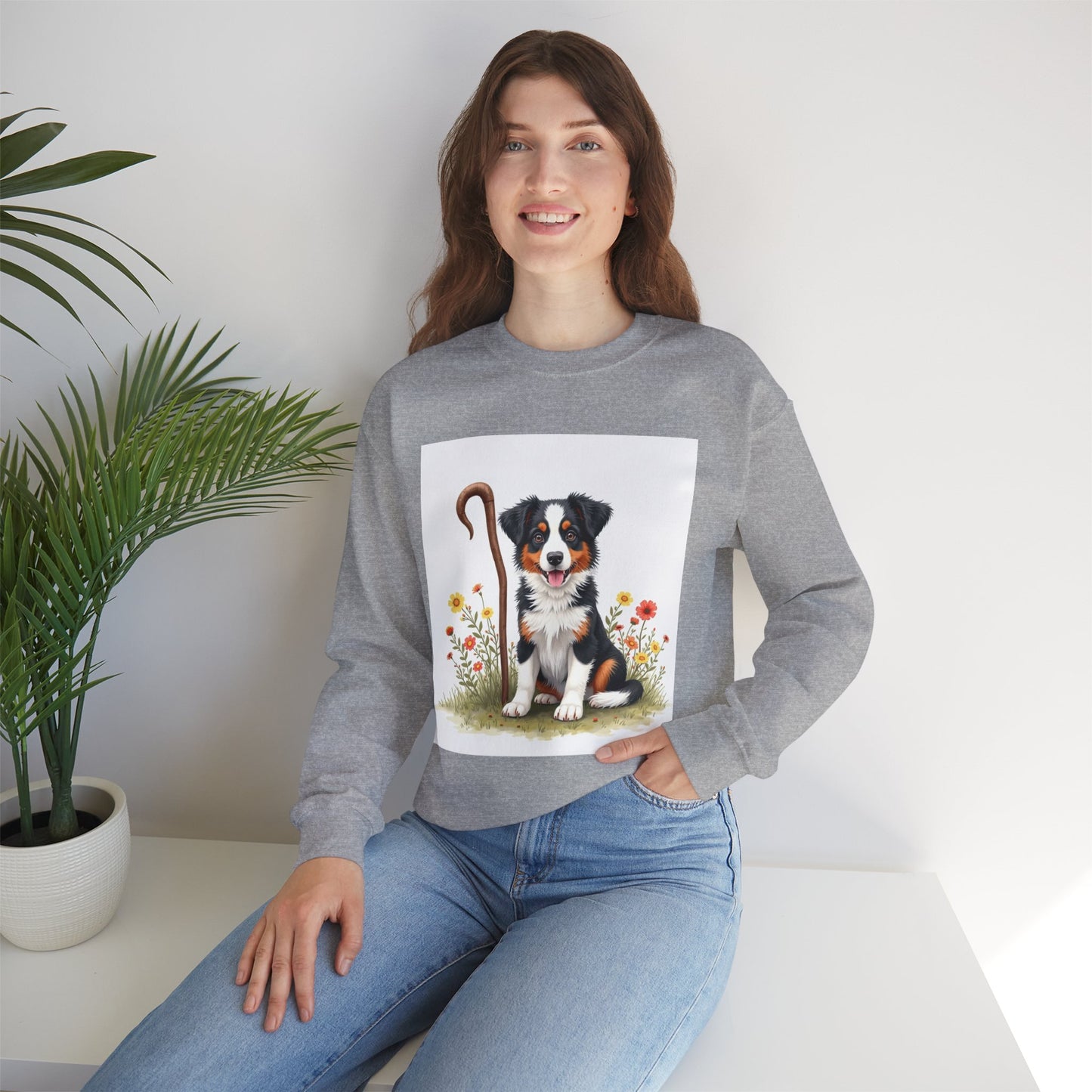 Border Collie Puppy Shepherd's Crook Crewneck Sweatshirt - Pastoral Dog Art | Farm Life Gift