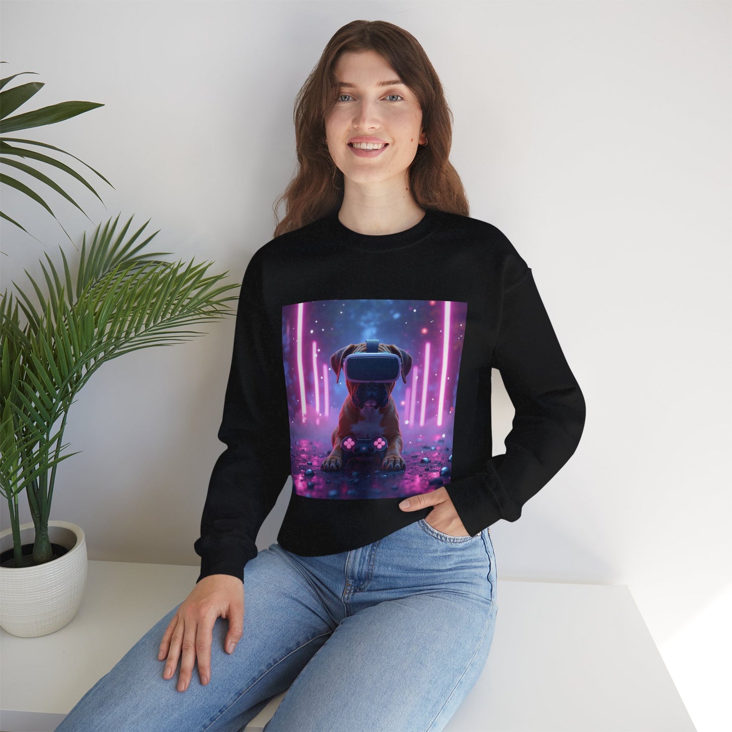 VR Gaming Boxer Dog Crewneck Sweatshirt | Funny Gamer Gift | Virtual Reality Puppy Design