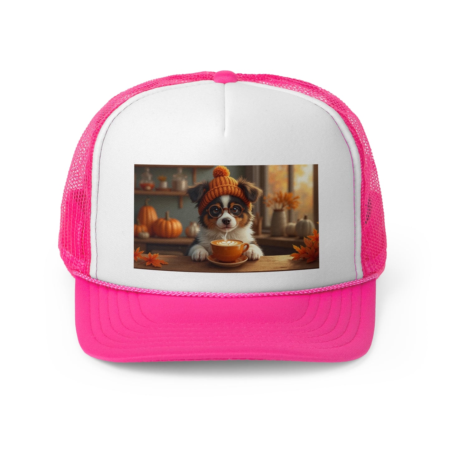 Autumn Cozy Dog Trucker Hat - Cute Puppy Coffee Lover Cap - Fall Vibes Baseball Hat