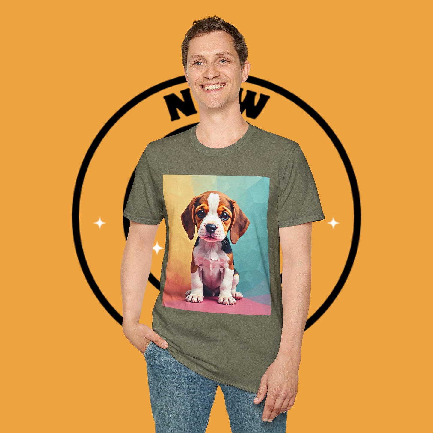 Modern Art Beagle Puppy T-Shirt - Geometric Low Poly Dog Design with Rainbow Background