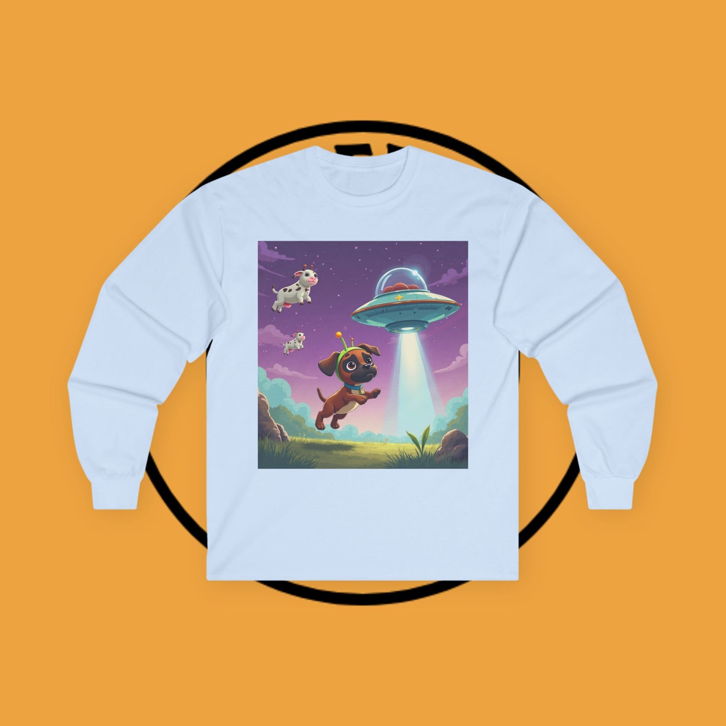 Cute Alien UFO Puppy & Flying Cow Long Sleeve Tee - Whimsical Space Adventure Shirt