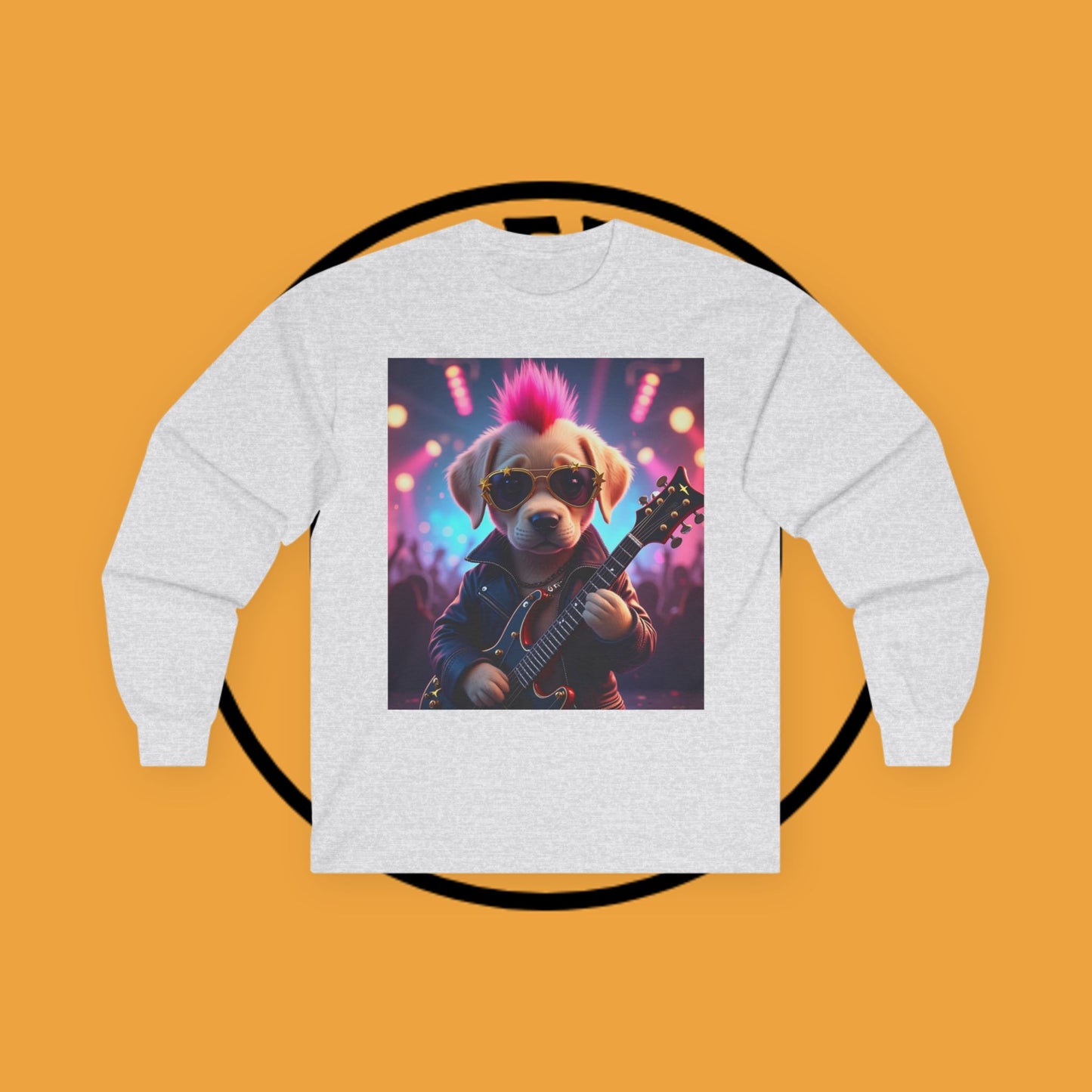 Long Sleeve T-Shirt - Punk Puppy with Electric Guitar - Design for Music Lovers Rockin' - Dog with Electric Guitar and Pink Mohawk - 🎸🐾
