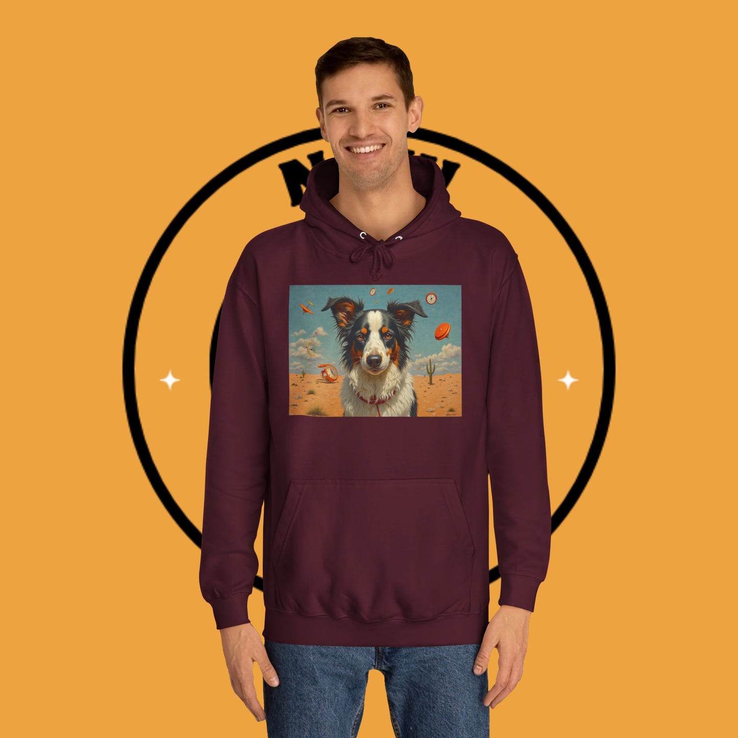 "Surreal Border Collie Time Desert Hoodie - Flying Clocks Artistic Dog Sweatshirt | Dreamlike Fantasy Design"