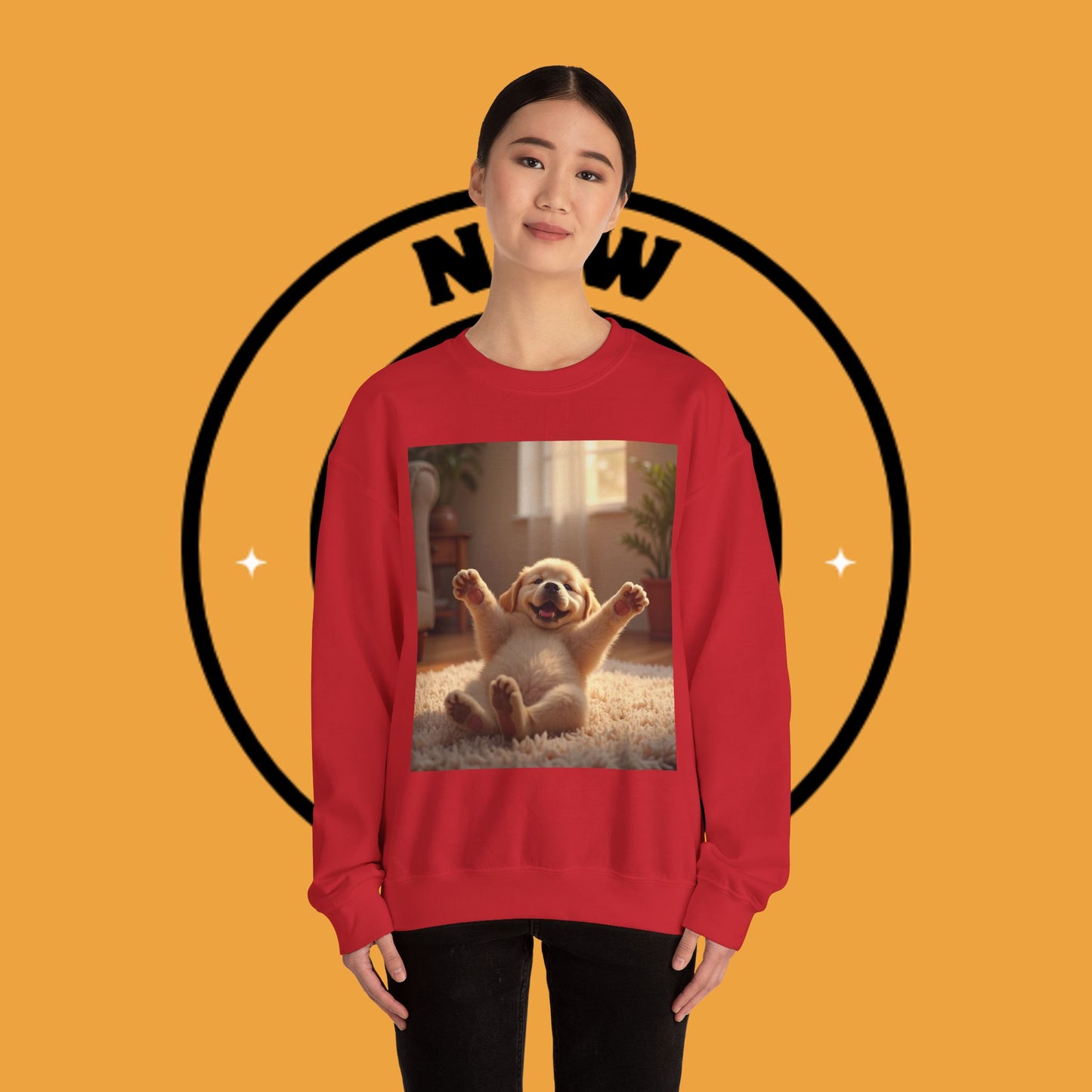 Unisex Dog Lover Crewneck Sweatshirt - Joyful Paws: Yellow Lab Puppy Stretching on Plush Carpet