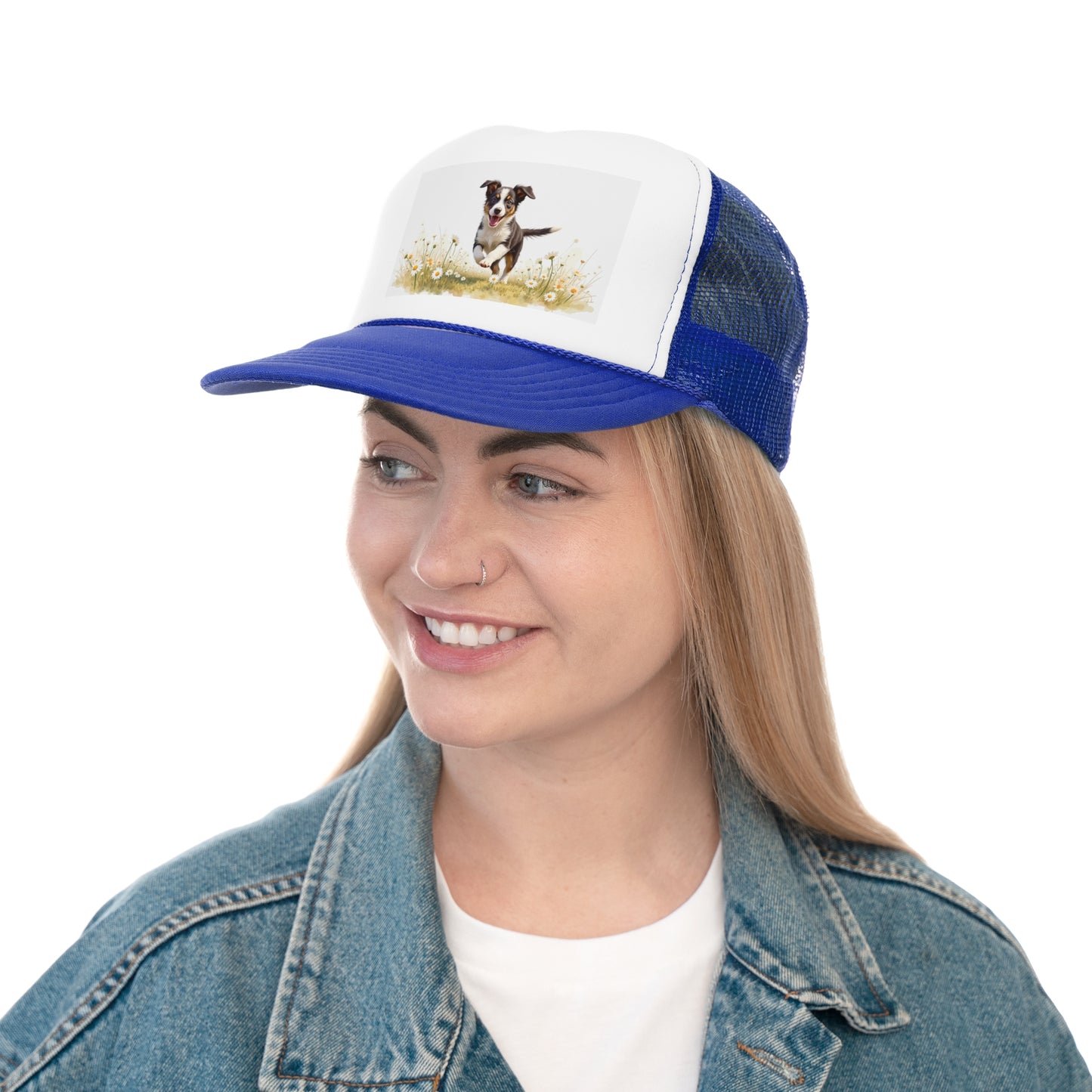 Happy Puppy in Daisies Trucker Hat - Joyful Dog Running Cap - Spring Meadow Baseball Hat
