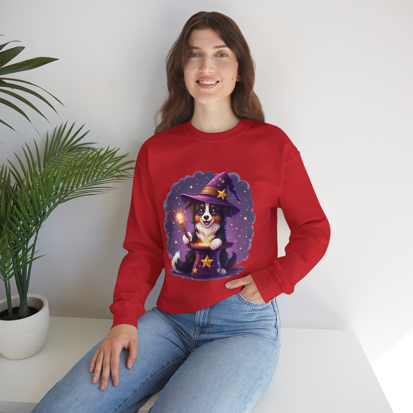 Magical Wizard Dog Crewneck Sweatshirt - Adorable Puppy Magician with Hat & Wand | Fantasy Pet Lover Gift Tee
